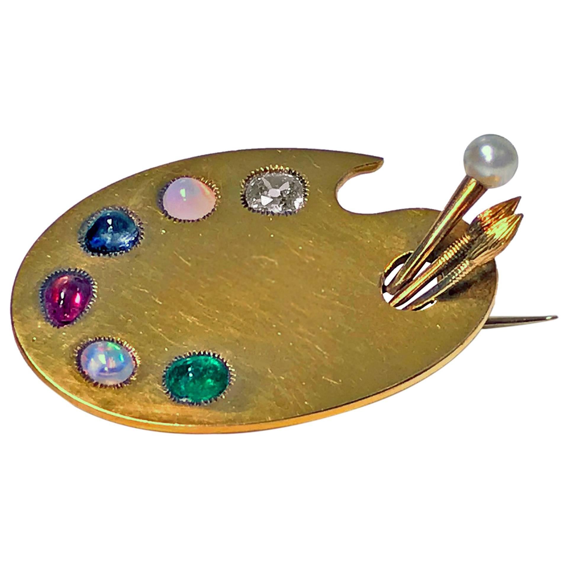 Antique 18 Karat Artist’s Paint Palette Tools Brooch, circa 1900 at