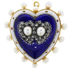 Antique 18 Karat Blue and White Enamel Pearl Diamond Heart Pin Pendant