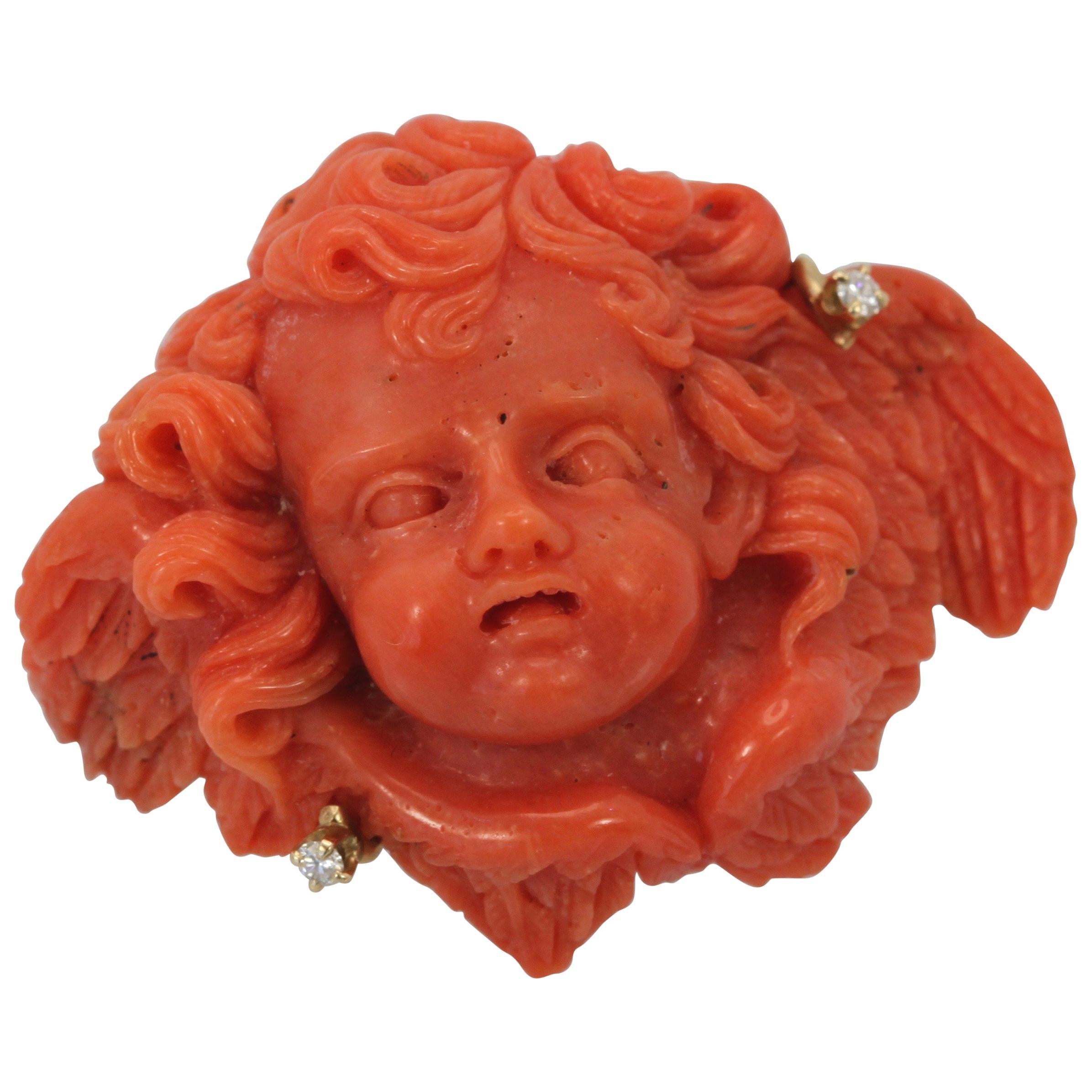 Antique 18 Karat Carved Coral "Huge" Putti Cherub Angel Diamond Brooch