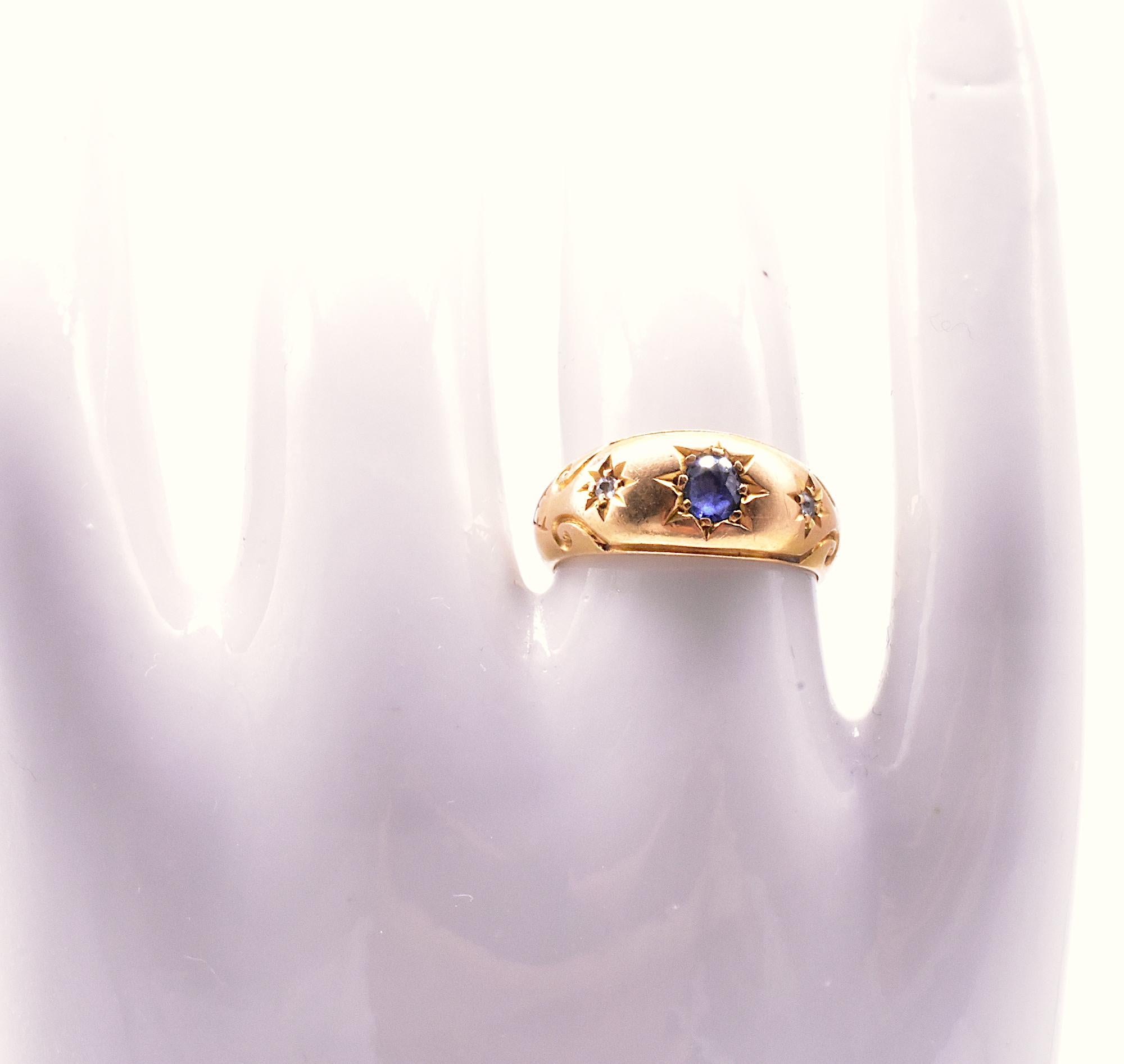 Victorian Antique 18 Karat Diamond and Sapphire Star Set Gypsy Ring HM Chester 1902