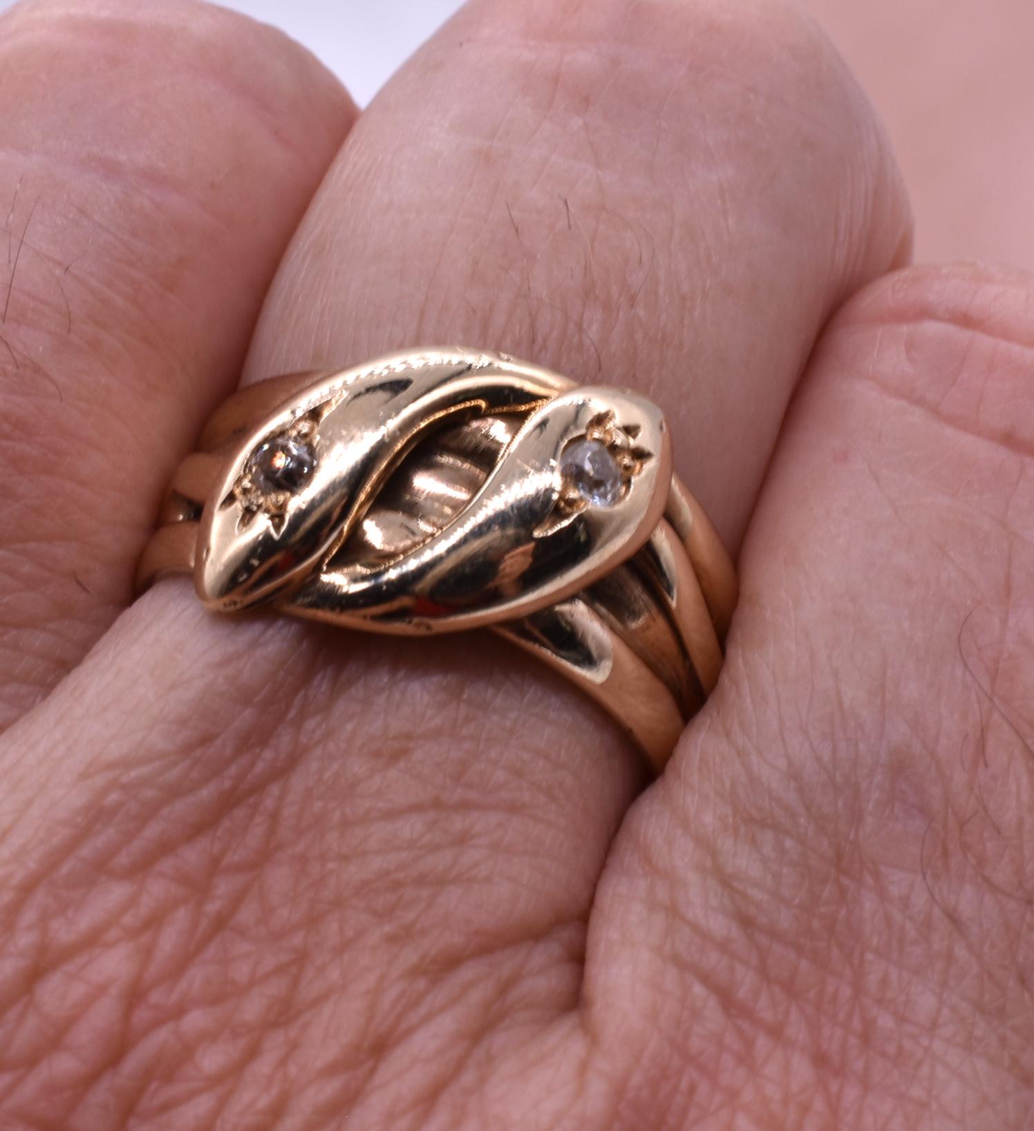 Victorian Antique 18 Karat Double Headed Snake Ring with Diamonds