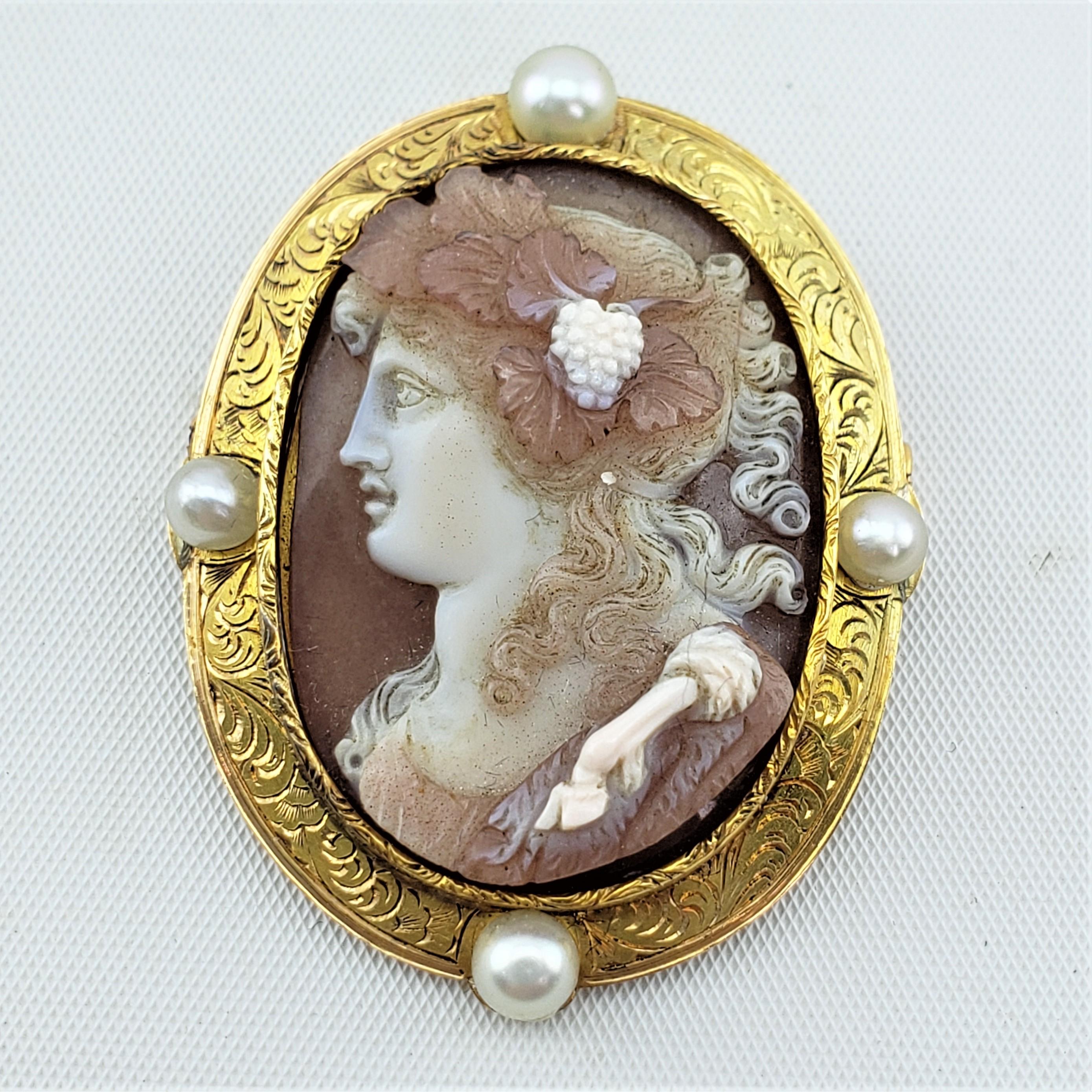 Renaissance Revival Antique 18 Karat Engraved Yellow Gold & Hand-Carved Hardstone Cameo Brooch