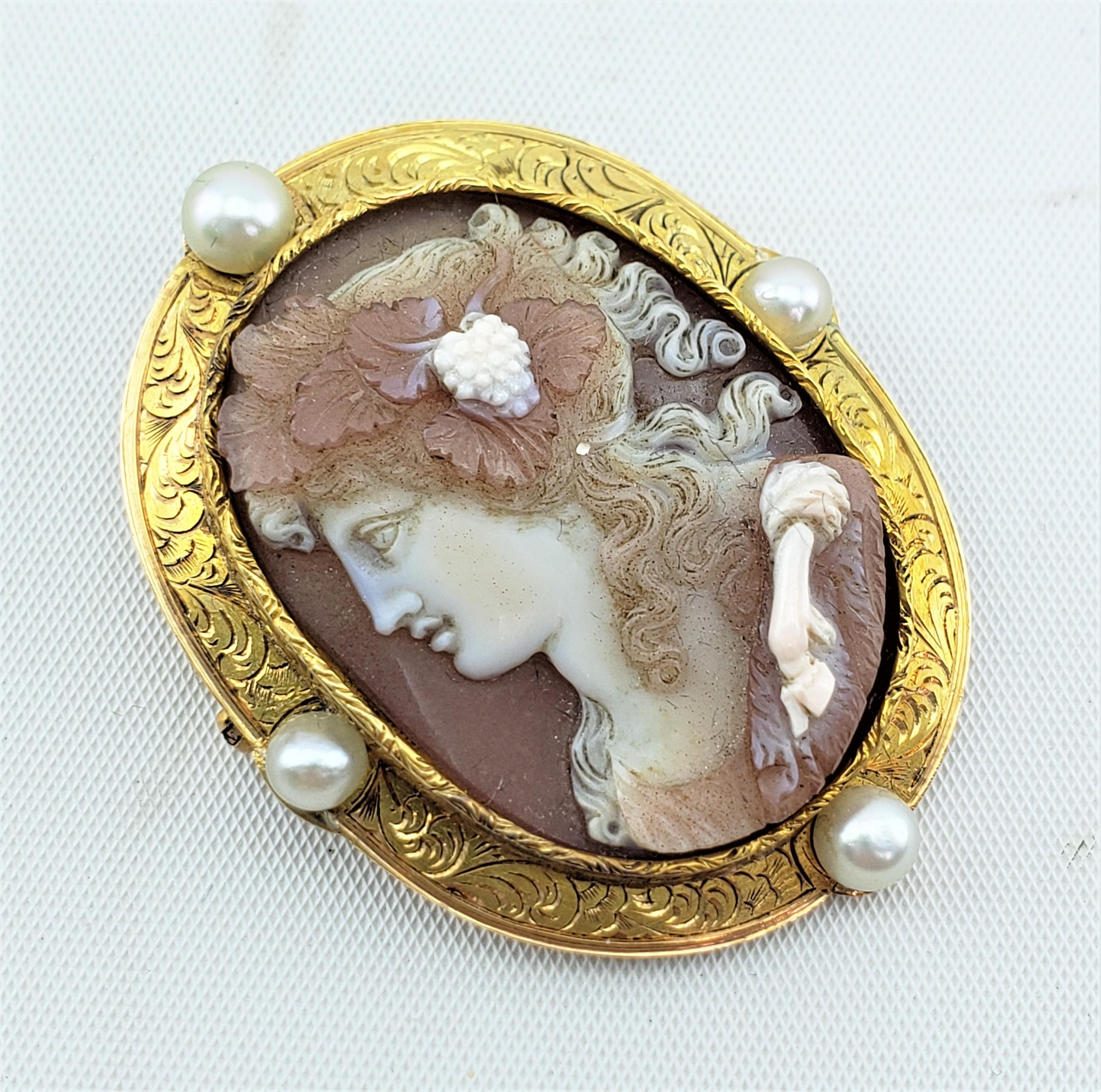 Italian Antique 18 Karat Engraved Yellow Gold & Hand-Carved Hardstone Cameo Brooch
