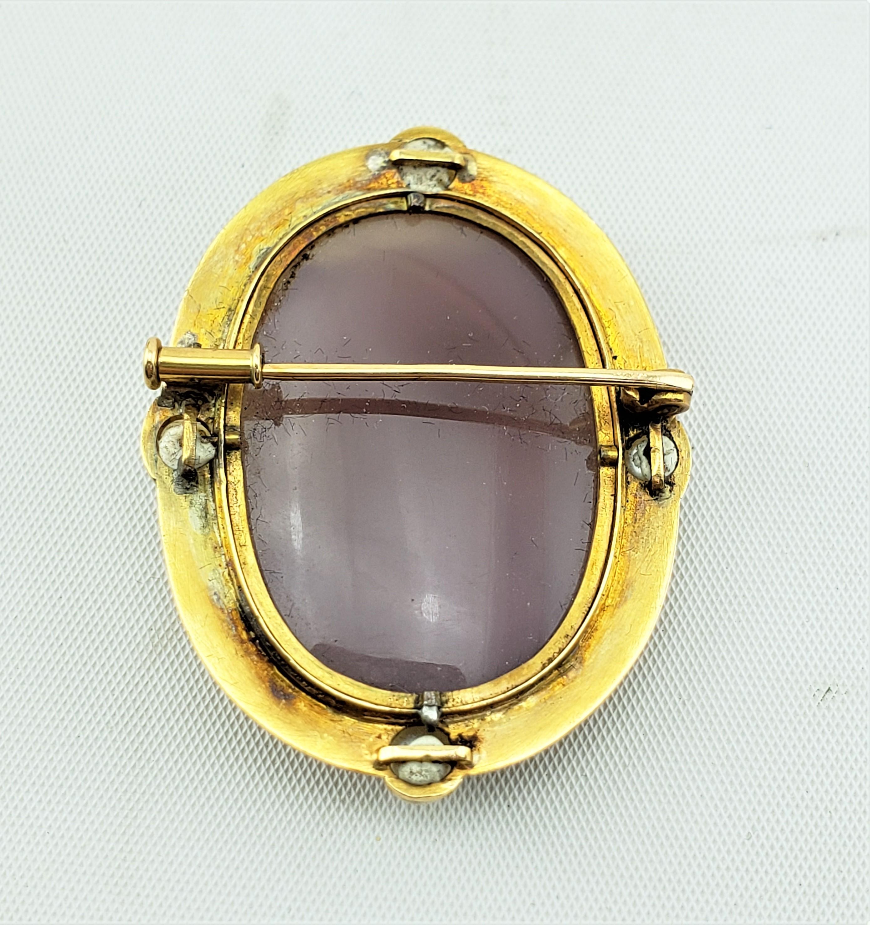 Antique 18 Karat Engraved Yellow Gold & Hand-Carved Hardstone Cameo Brooch 2