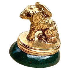 Antique 18 Karat French Yellow Gold Dog Seal Fob Pendant Unused Bloodstone