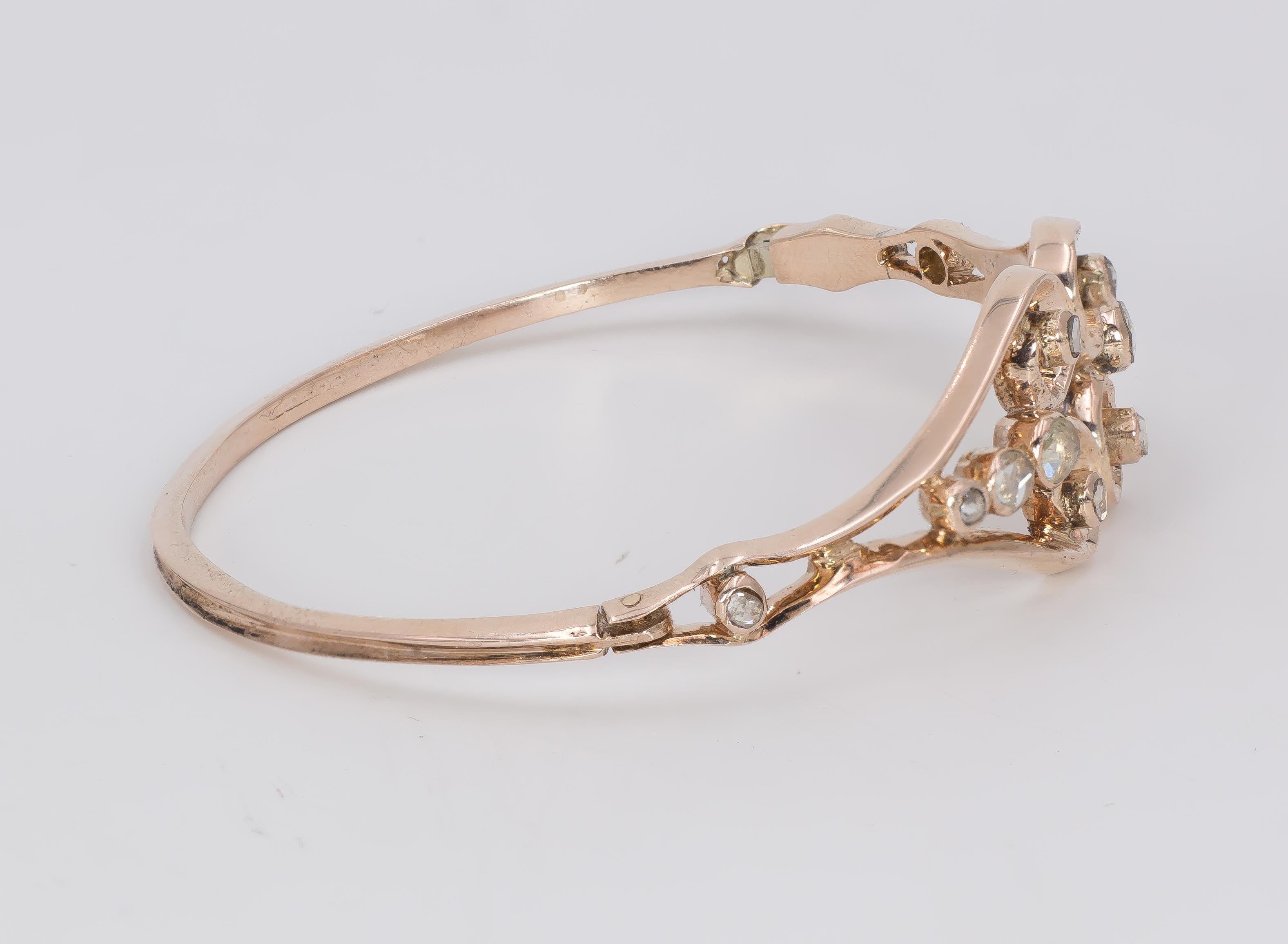 Rose Cut Antique 18 Karat Gold and Diamond Bangle Bracelet, Early 1900 For Sale