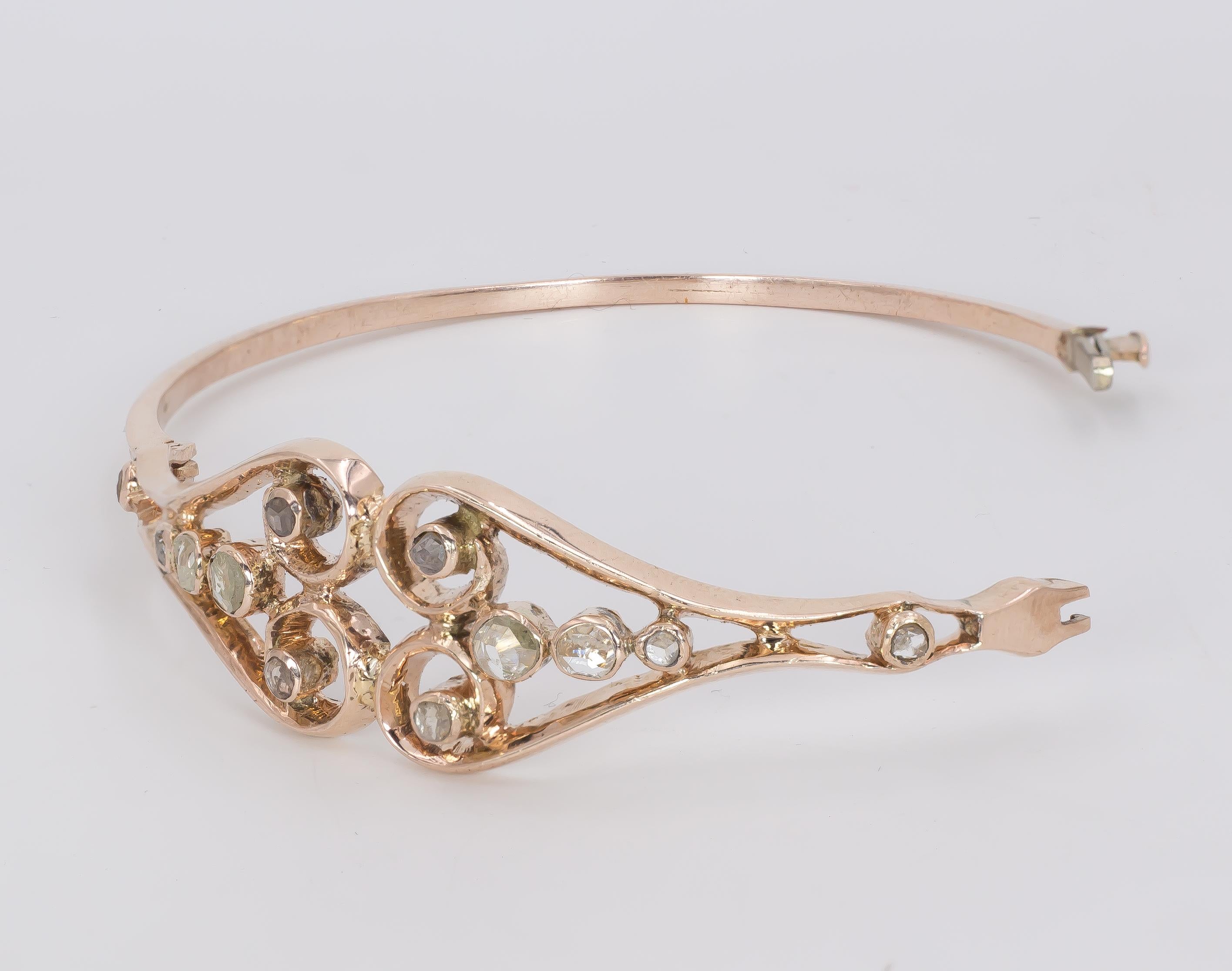 Women's Antique 18 Karat Gold and Diamond Bangle Bracelet, Early 1900 For Sale