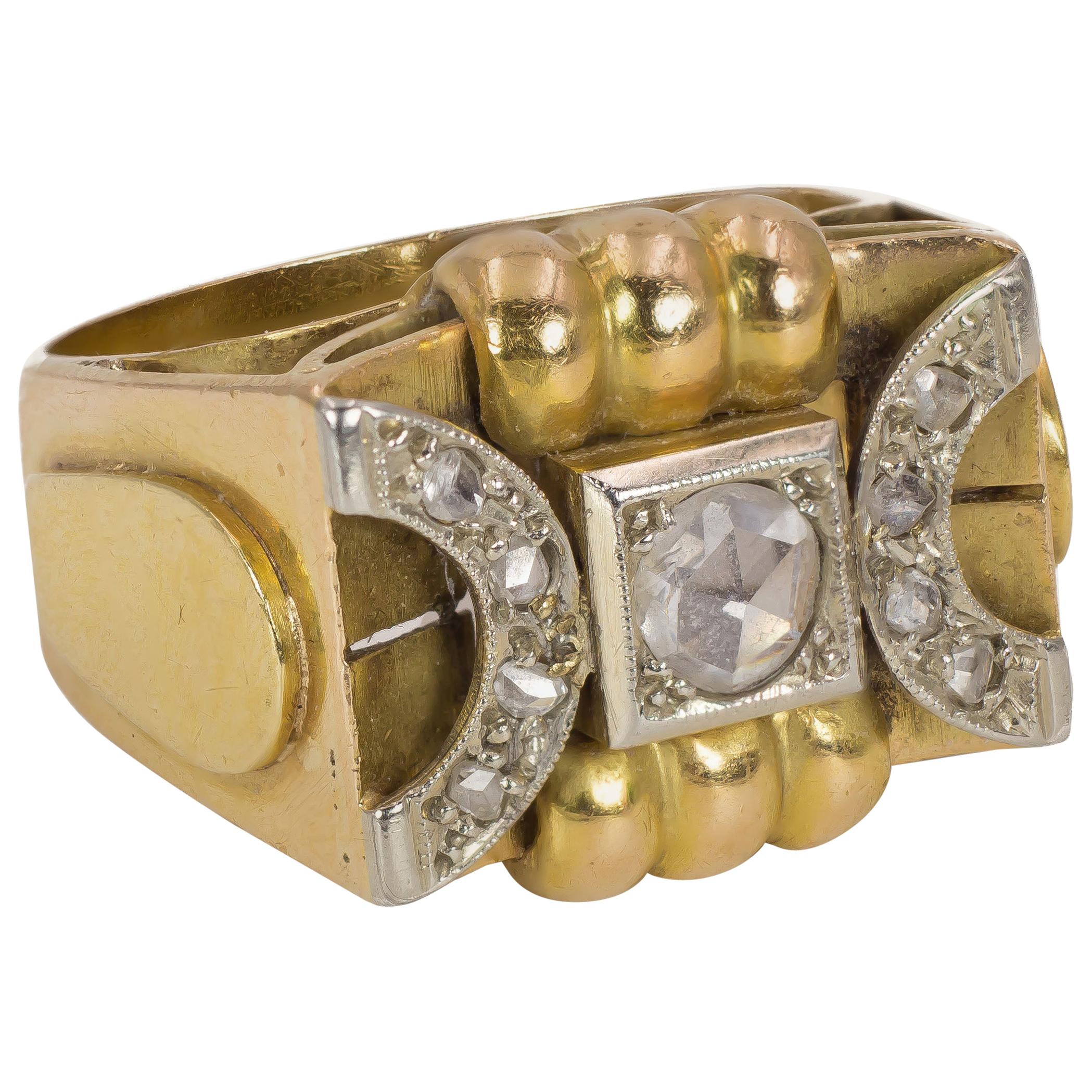 Antique 18 Karat Gold and Diamond Ring, 1930s-1940s For Sale