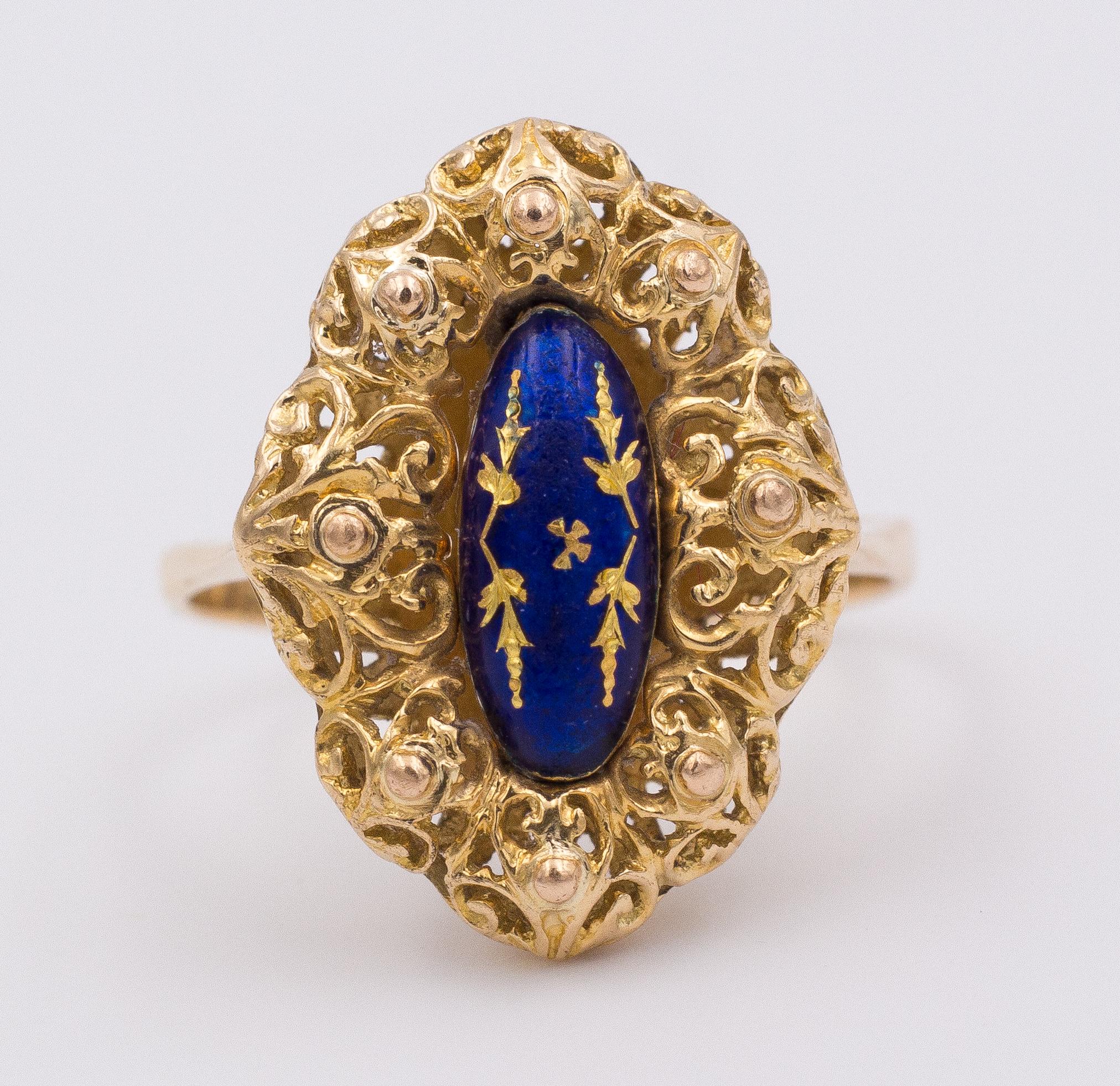 Women's Antique 18 Karat Gold and Enamel Ring, 1940s For Sale