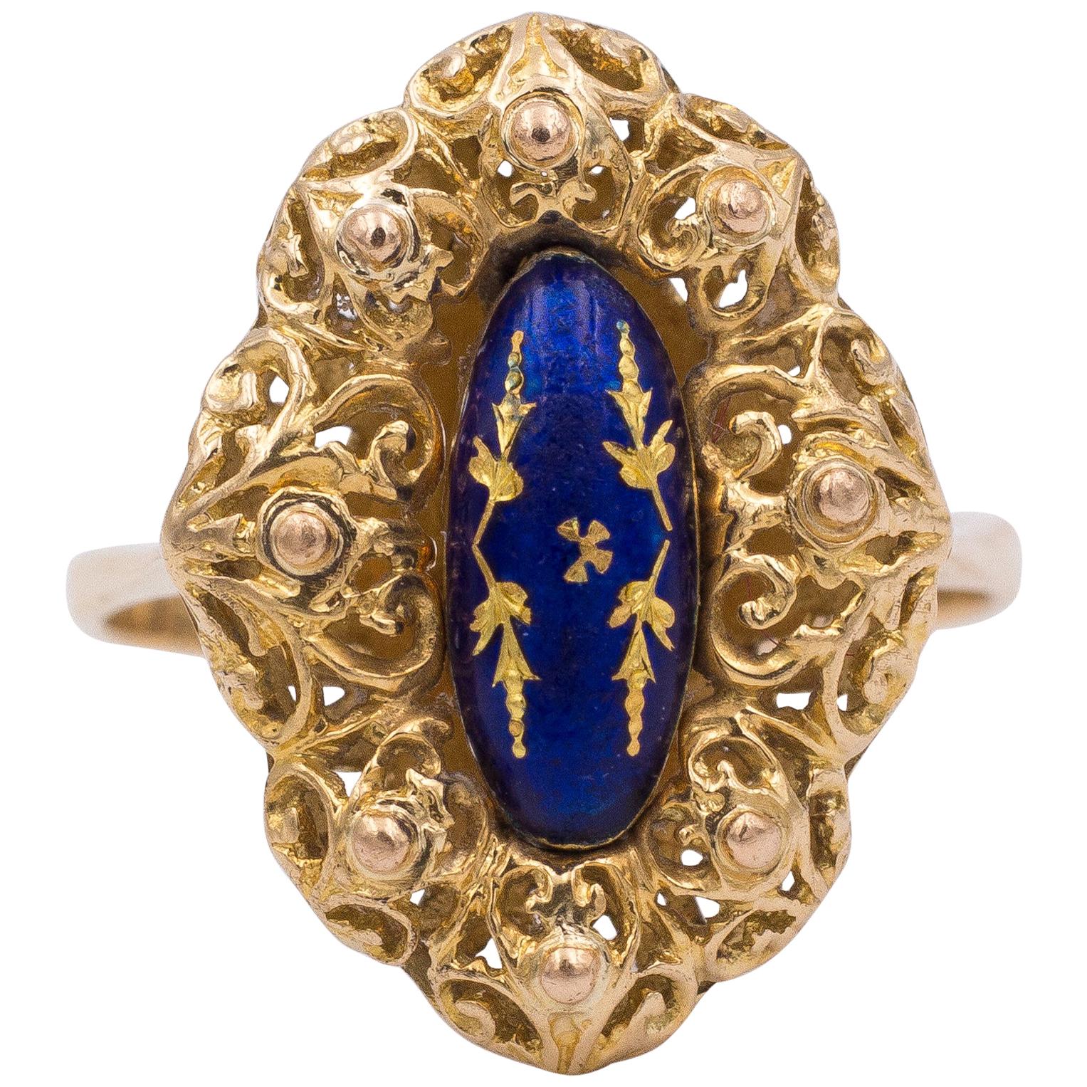 Antique 18 Karat Gold and Enamel Ring, 1940s For Sale