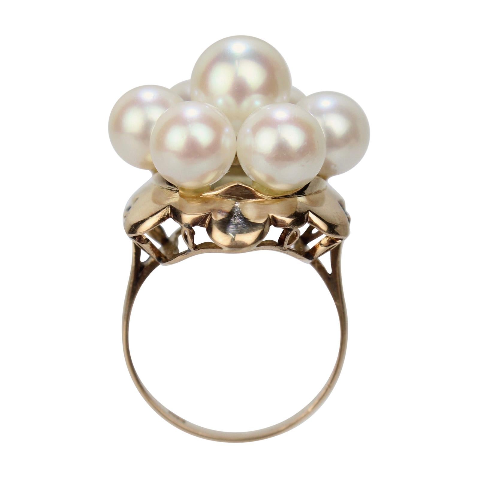 Antique 18 Karat Gold and Pearl Cluster Midcentury Cocktail Ring