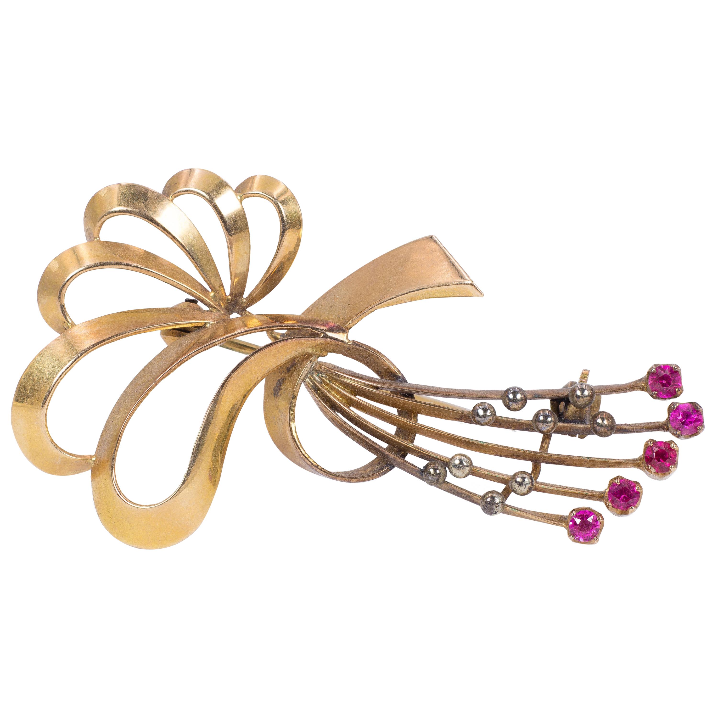 Antique 18 Karat Gold and Ruby Brooch, 1940s For Sale