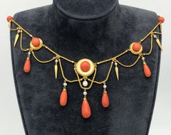 Antique 18 Karat Gold Archeological Revival Coral Orient Pearl Necklace France
