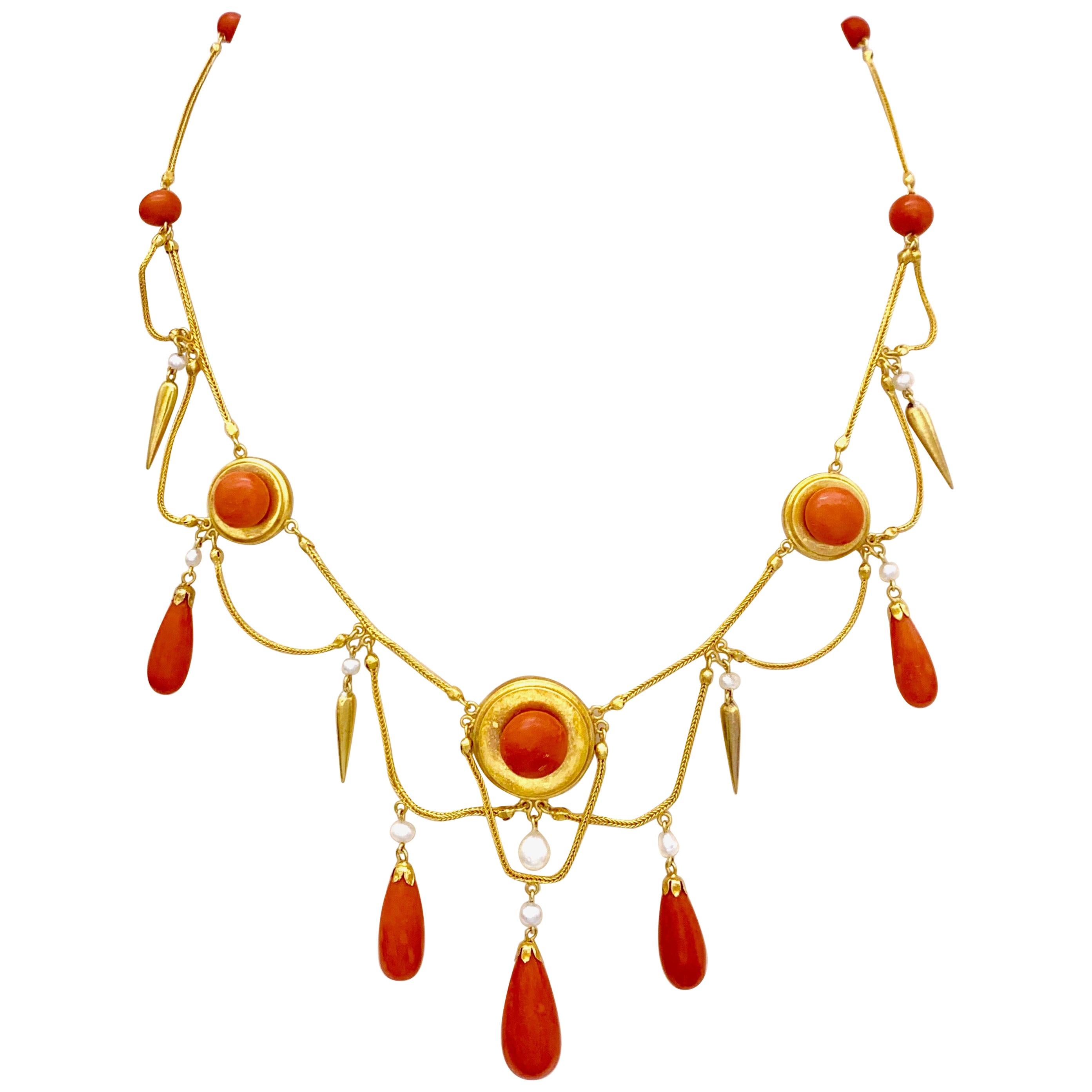 Antique 18 Karat Gold Archeological Revival Coral Orient Pearl Necklace France For Sale