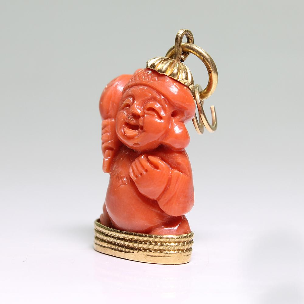 Women's or Men's Antique 18 Karat Gold Coral Buddha Pendant For Sale