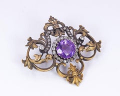 Antique 18 Karat Gold, Diamond and Amethyst Russian Brooch, Early 20th Century