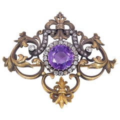 Antique 18 Karat Gold, Diamond and Amethyst Russian Brooch, Early 20th Century