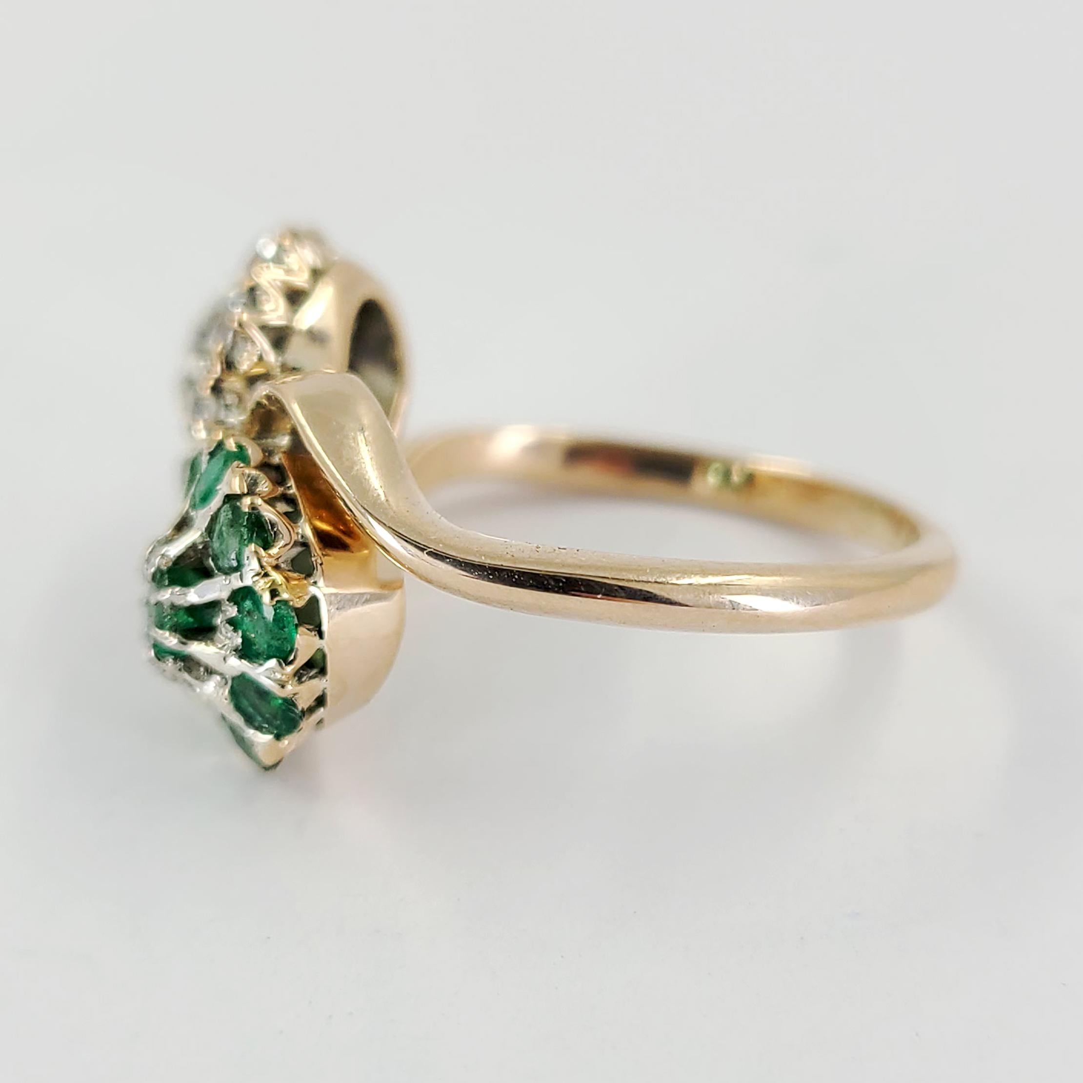 18 Karat Gold Two-Tone Antique Ring Featuring 10 Old Mine Cut Diamonds Totaling Approximately 0.50 Carats, & 10 Round Emeralds Totaling Approximately 0.50 Carats. Finished Weight Is 4.4 Grams. Finger Size 7.5; Purchase Includes Sizing Upon Request.