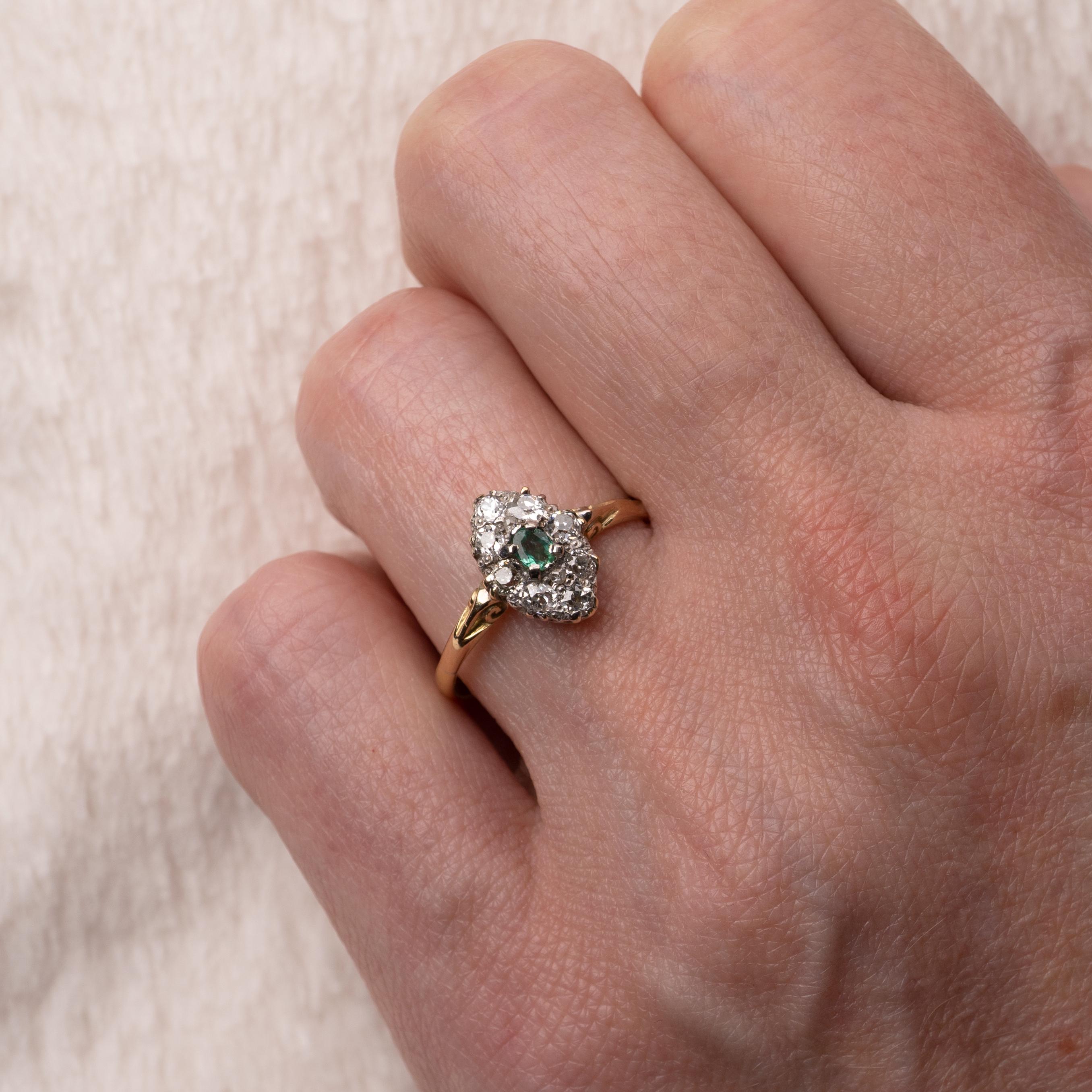 Old European Cut Antique 18 Karat Gold Emerald Diamond Ring, US Size 7.5
