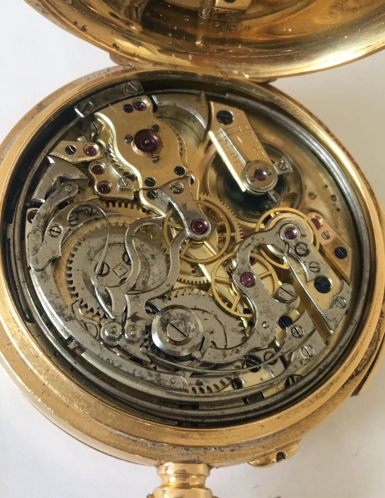 Antique 18 Karat Gold Minute Repeater Chronograph Half Hunter Pocket Watch For Sale 1