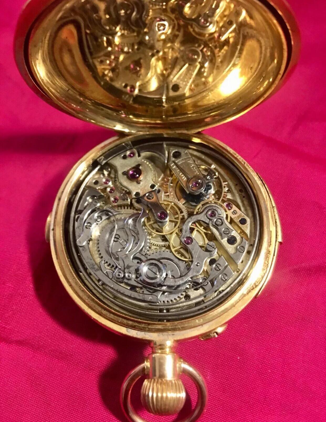 Antique 18 Karat Gold Minute Repeater Chronograph Half Hunter Pocket Watch For Sale 2