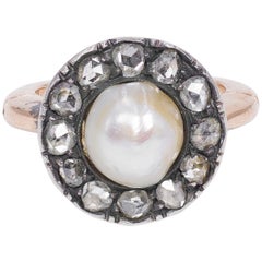 Antique 18 Karat Gold, Pearl and Diamond Ring, Early 20th Century