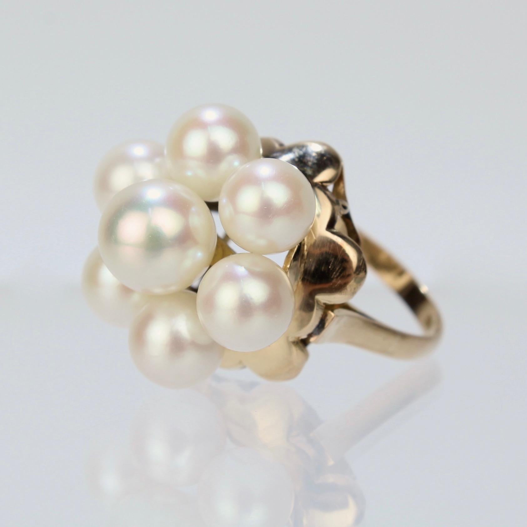 Modern Antique 18 Karat Gold and Pearl Cluster Midcentury Cocktail Ring