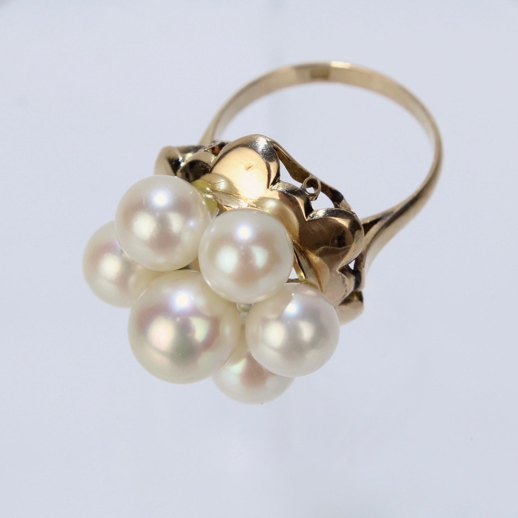 Round Cut Antique 18 Karat Gold and Pearl Cluster Midcentury Cocktail Ring