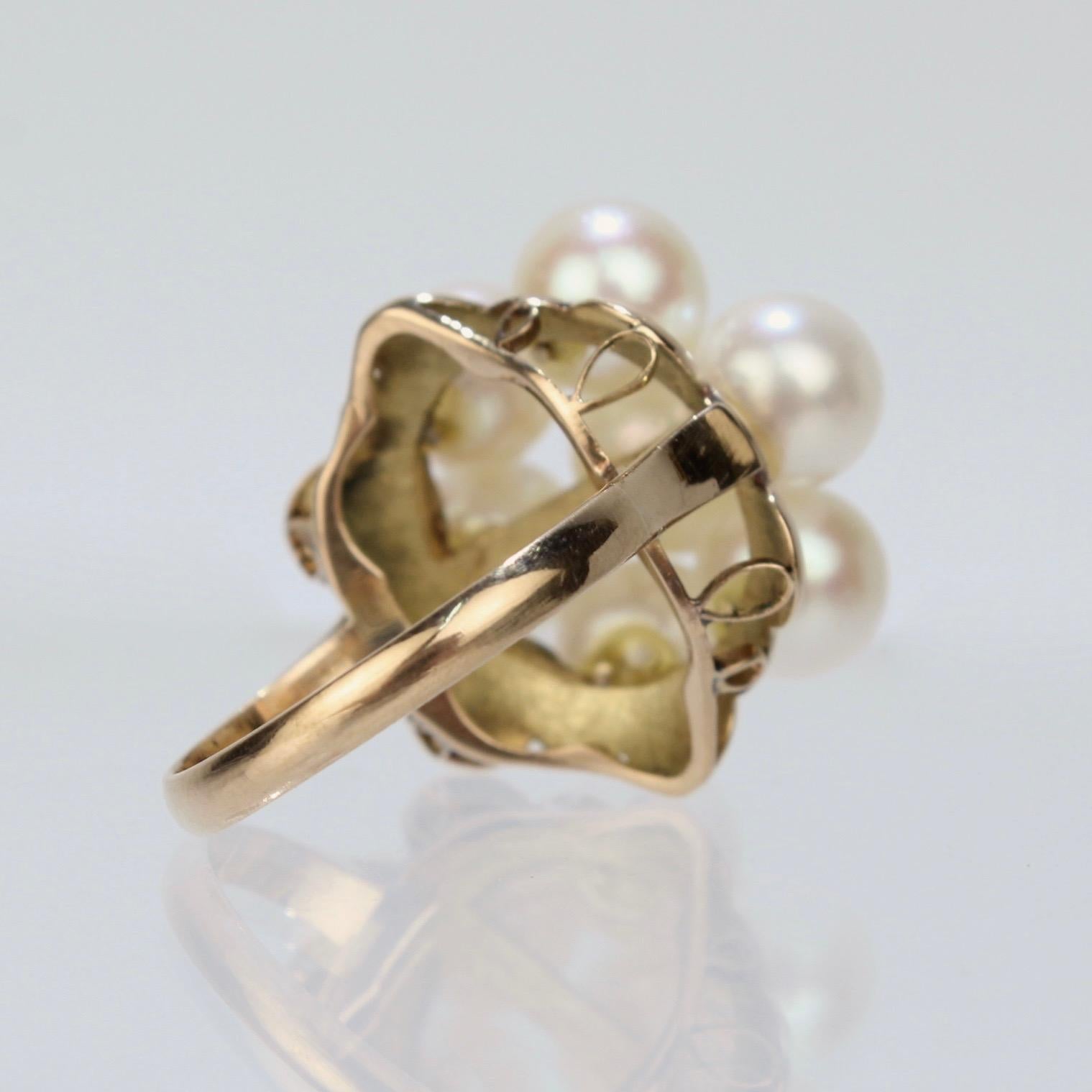 Antique 18 Karat Gold and Pearl Cluster Midcentury Cocktail Ring In Good Condition In Philadelphia, PA