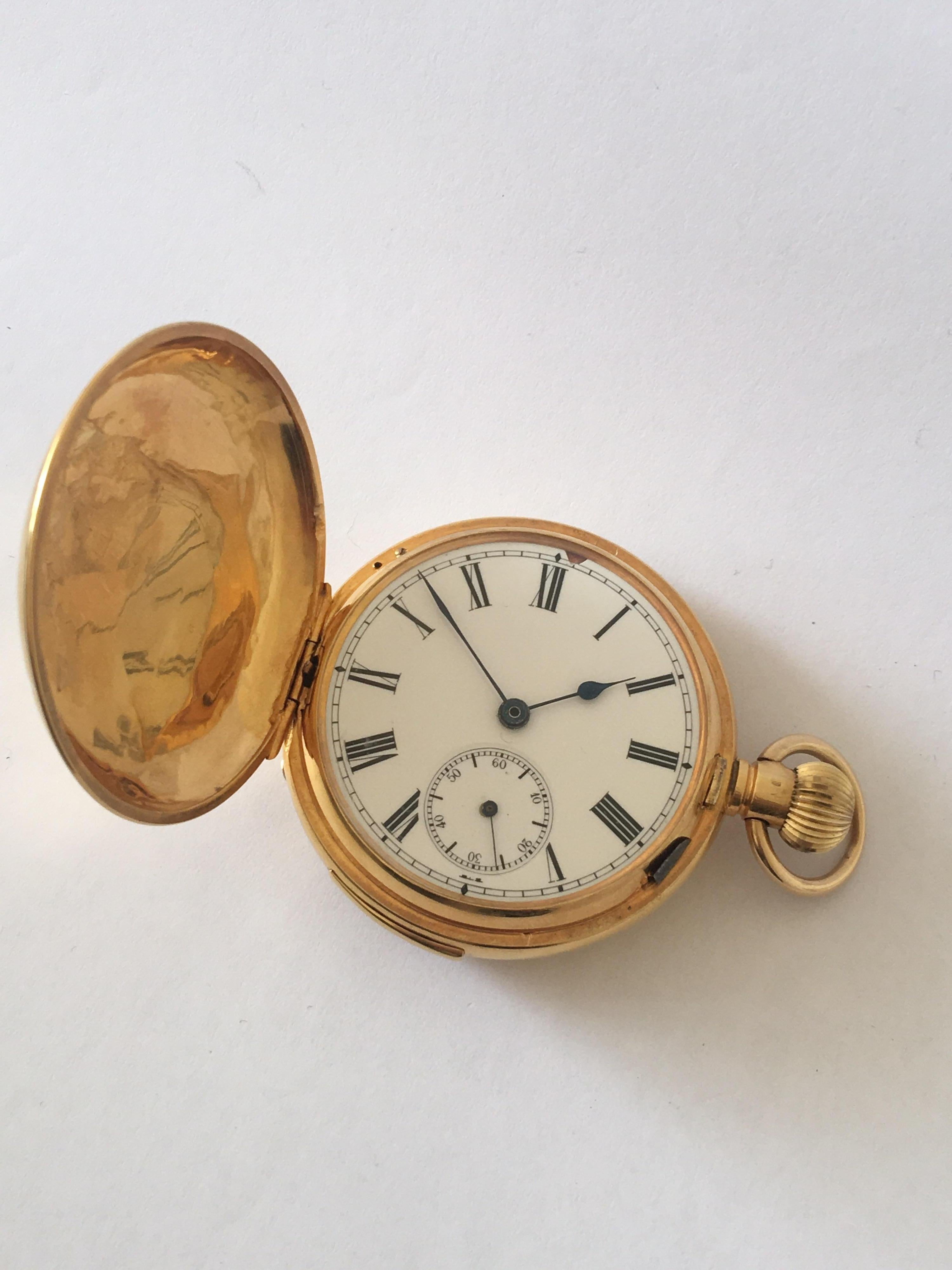 Antique 18K Gold Quarter Repeater Full Hunter Pocket Watch.

This beautiful 51mm diameter full hunter hand winding gold pocket watch is in good working condition and it is running well. It is recently been serviced. Visible signs of ageing and wear