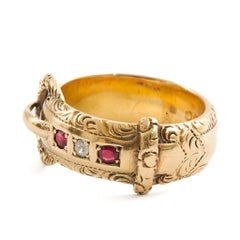 Antique 18 Karat Gold Ruby and Diamond Buckle Ring, Chester 1901