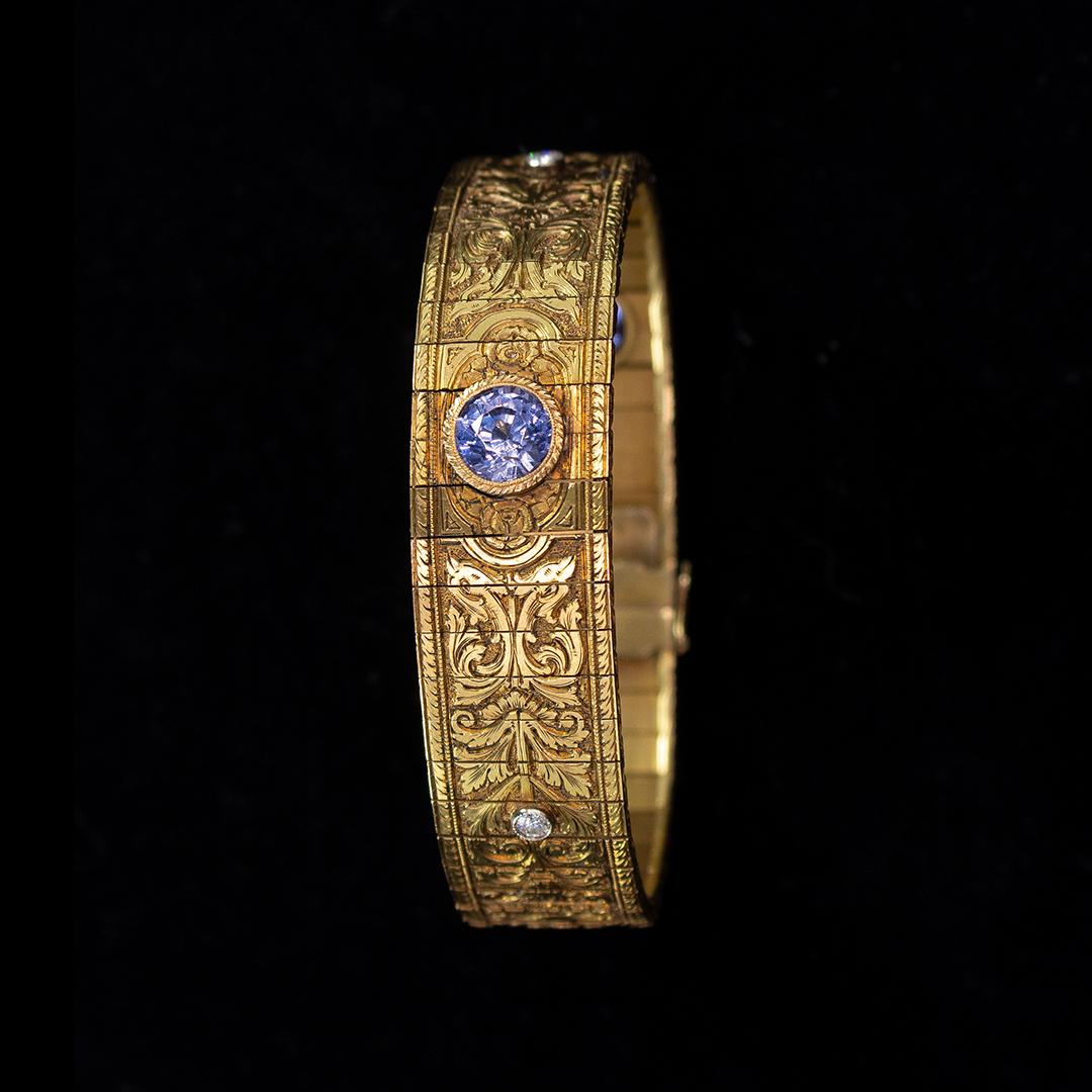 Antique 18 Karat Gold, Sapphire and Diamond Cuff Bangle, Early 20th Century For Sale 5