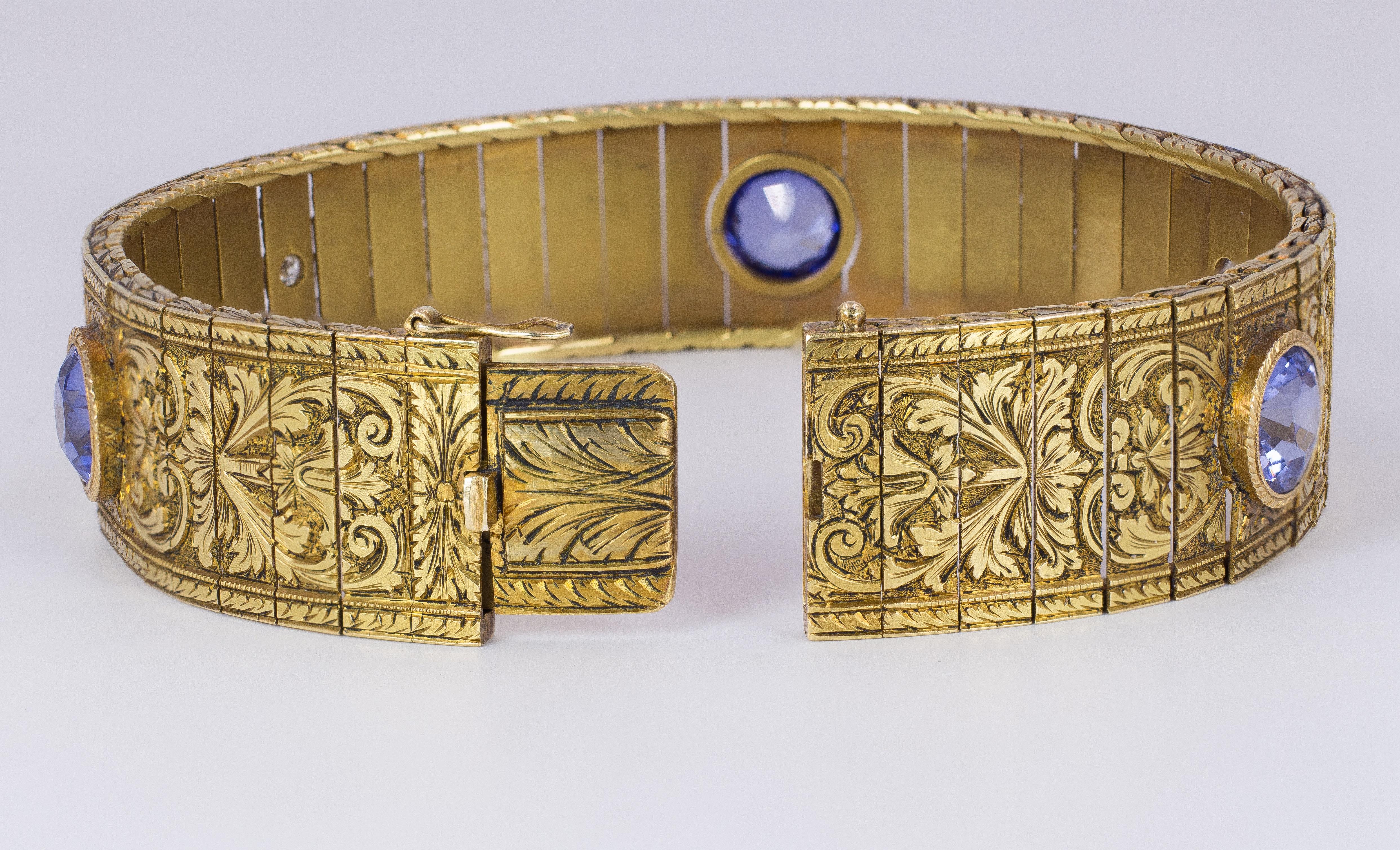 Old European Cut Antique 18 Karat Gold, Sapphire and Diamond Cuff Bangle, Early 20th Century For Sale
