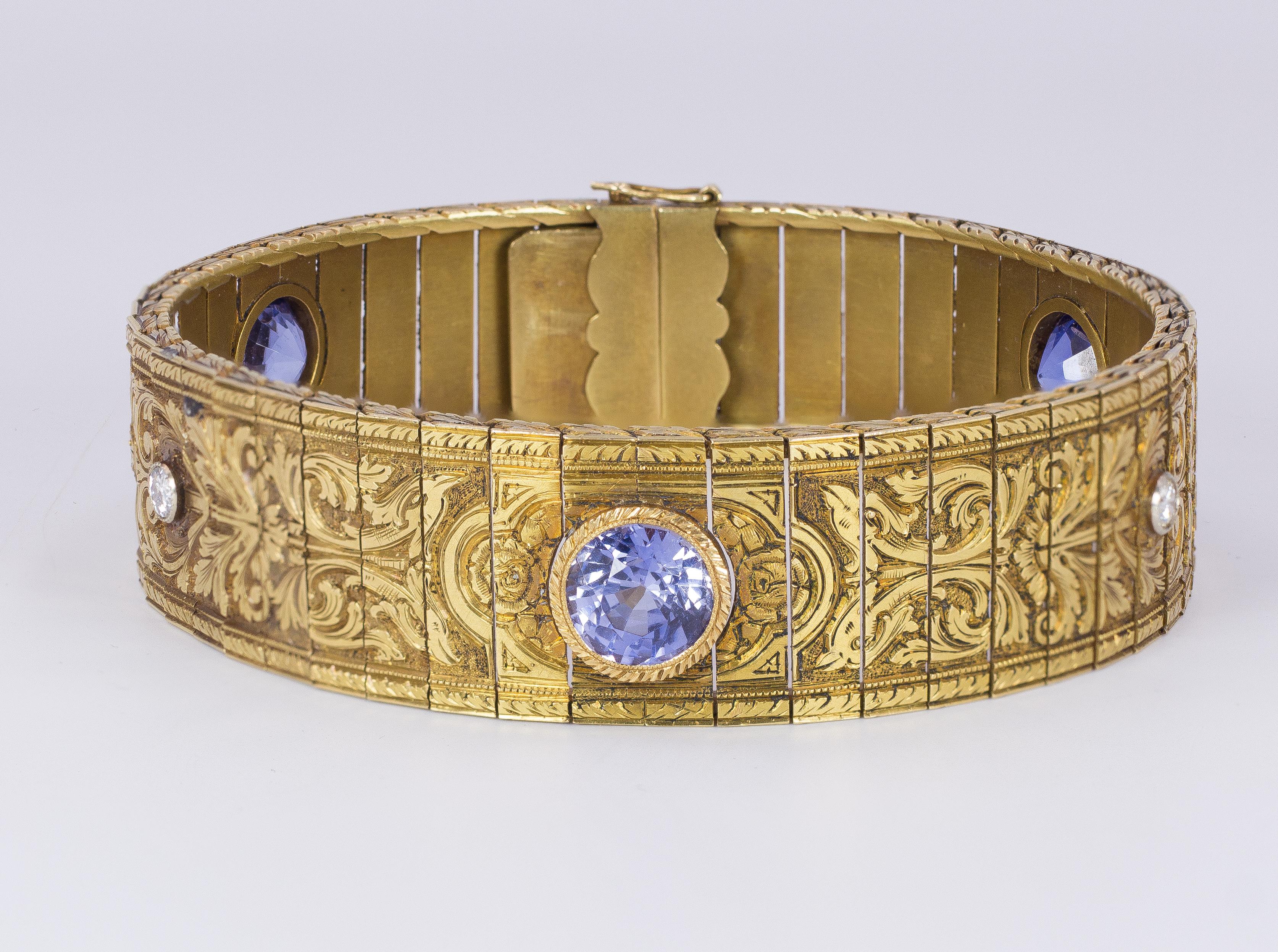 Women's Antique 18 Karat Gold, Sapphire and Diamond Cuff Bangle, Early 20th Century For Sale