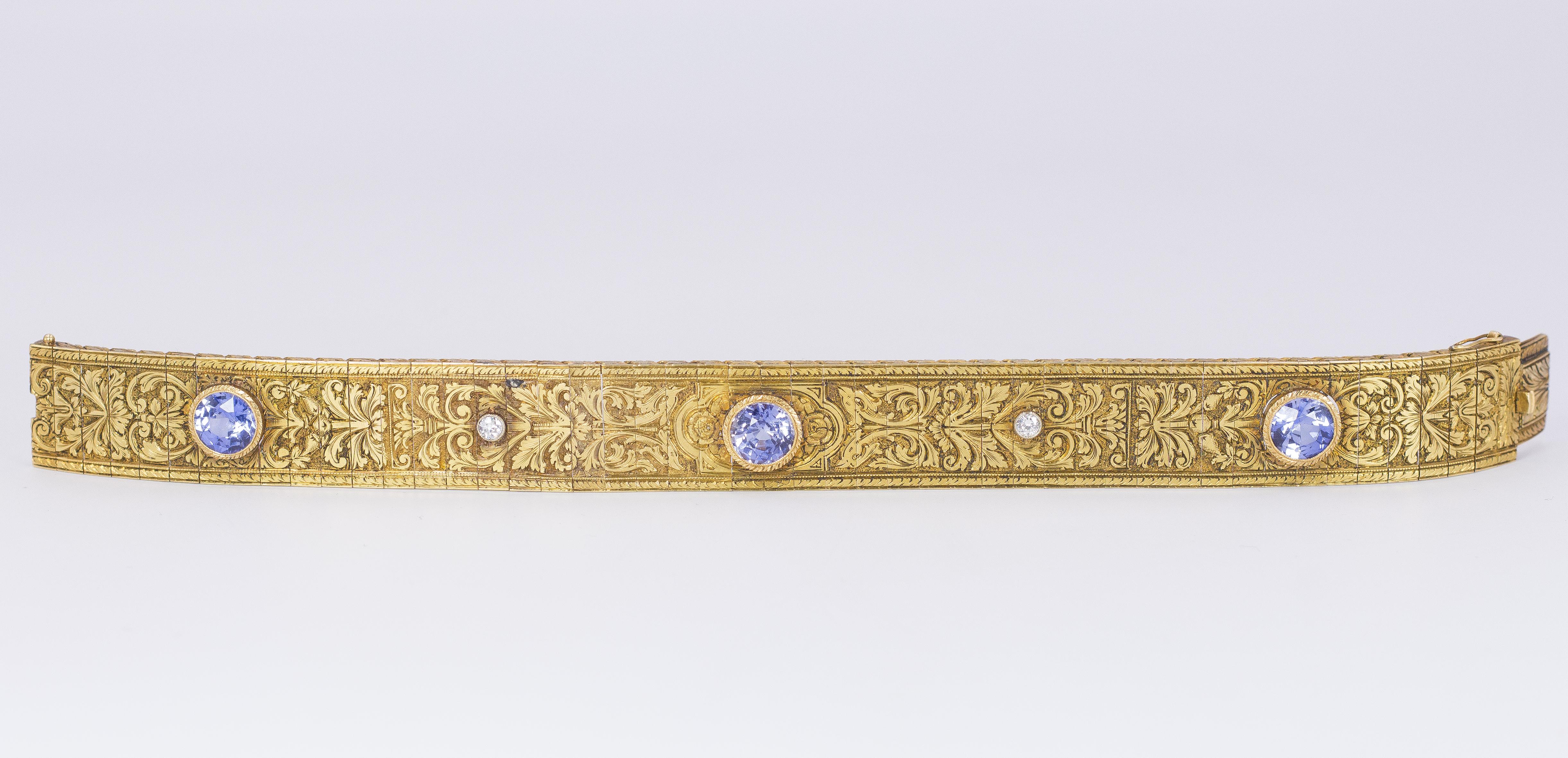 Antique 18 Karat Gold, Sapphire and Diamond Cuff Bangle, Early 20th Century For Sale 1