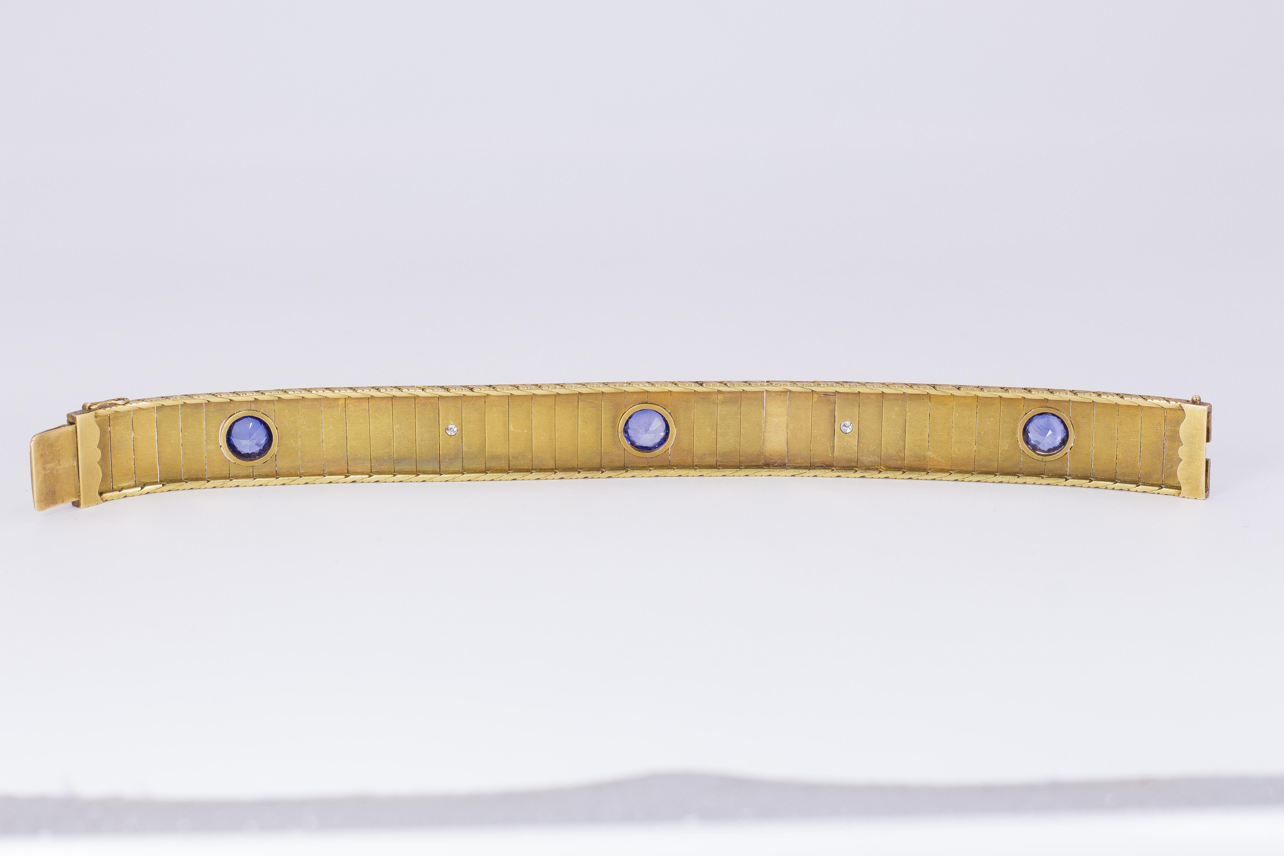 Antique 18 Karat Gold, Sapphire and Diamond Cuff Bangle, Early 20th Century For Sale 2