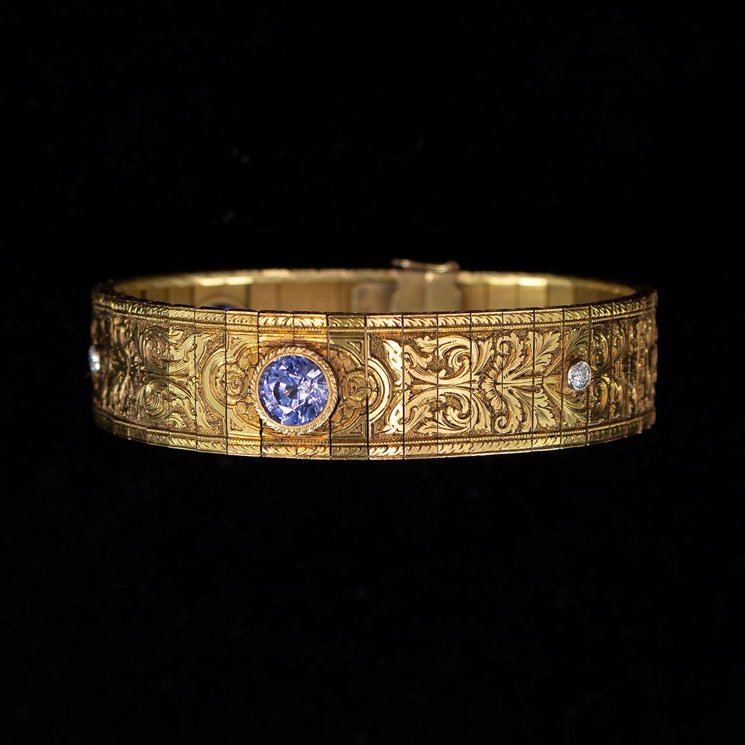 Antique 18 Karat Gold, Sapphire and Diamond Cuff Bangle, Early 20th Century For Sale 3