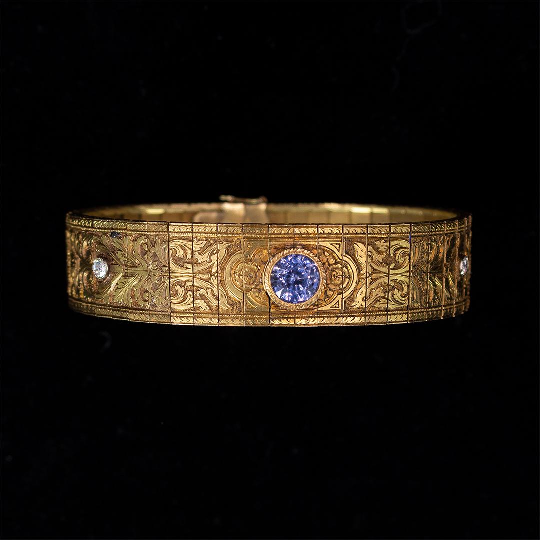 Antique 18 Karat Gold, Sapphire and Diamond Cuff Bangle, Early 20th Century For Sale 4