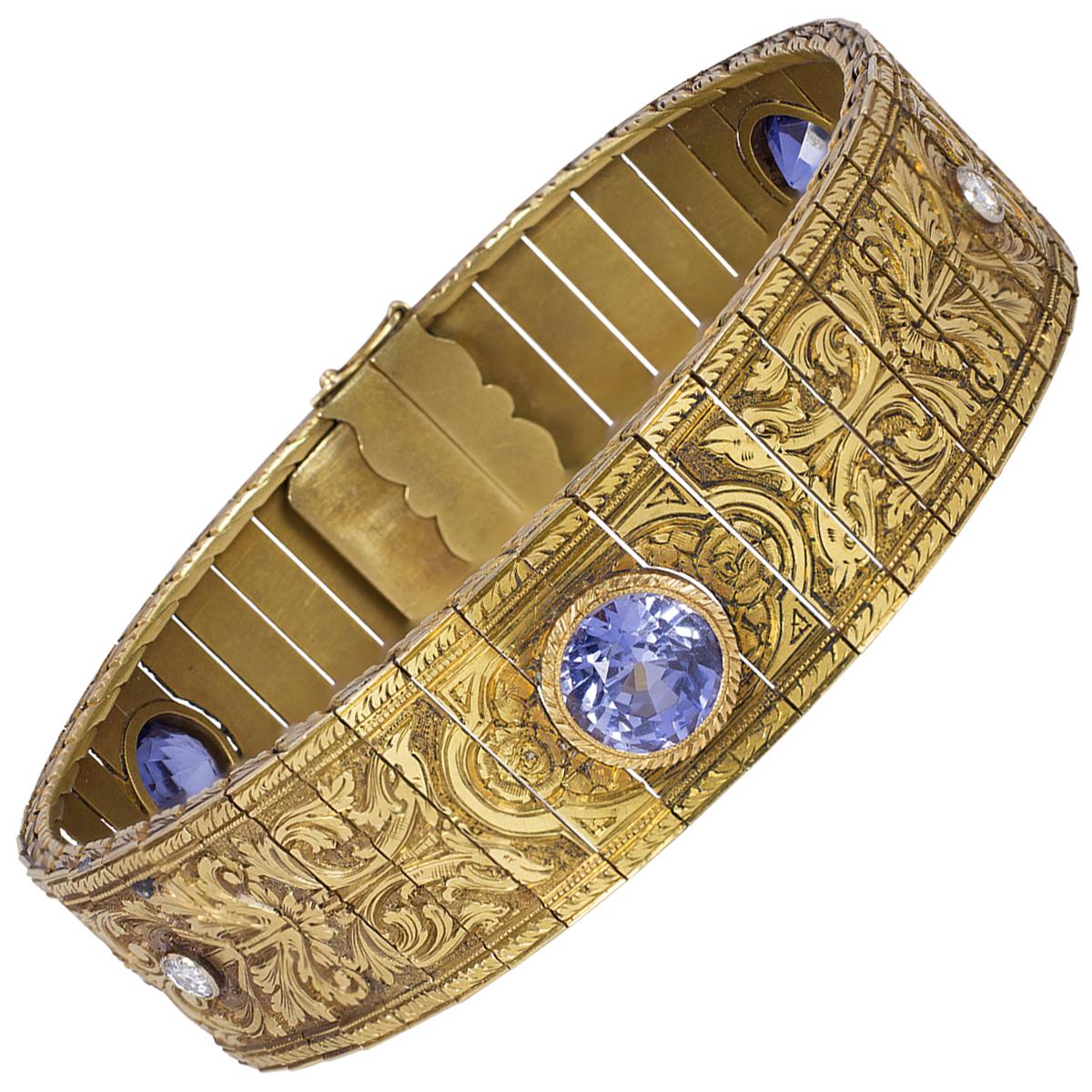 Antique 18 Karat Gold, Sapphire and Diamond Cuff Bangle, Early 20th Century For Sale