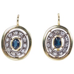 Antique 18 Karat Gold, Sapphires and Rose Cut Diamonds Earrings, 1940s-1950s