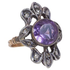 Antique 18 Karat Gold, Silver, Amethyst and Diamond Ring, 1920s