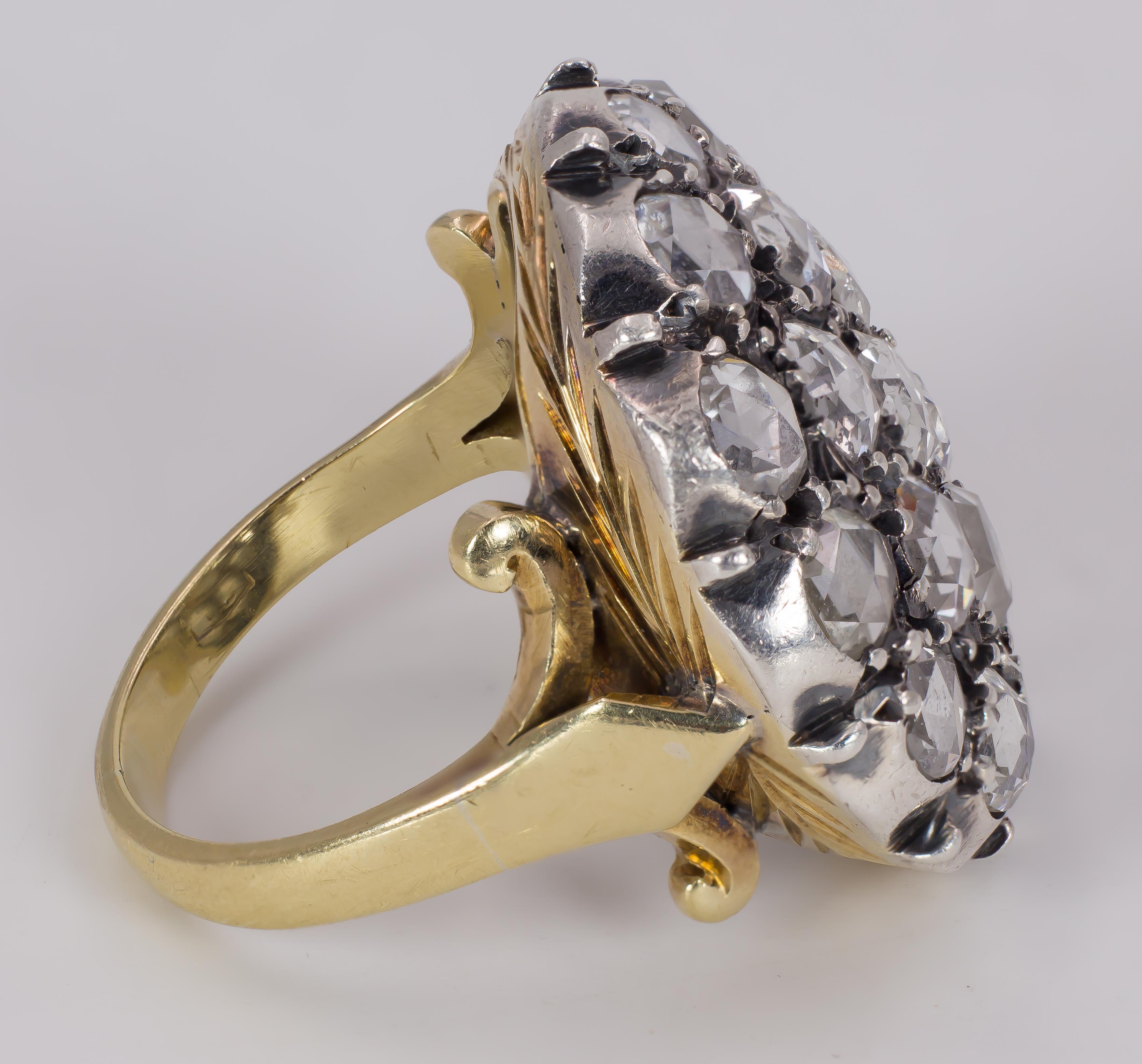 Rose Cut Antique 18 Karat Gold, Silver and 4 Carat Diamond Ring, Early 1900