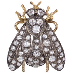 Antique 18 Karat Gold, Silver and Diamond Fly Brooch, 1930s
