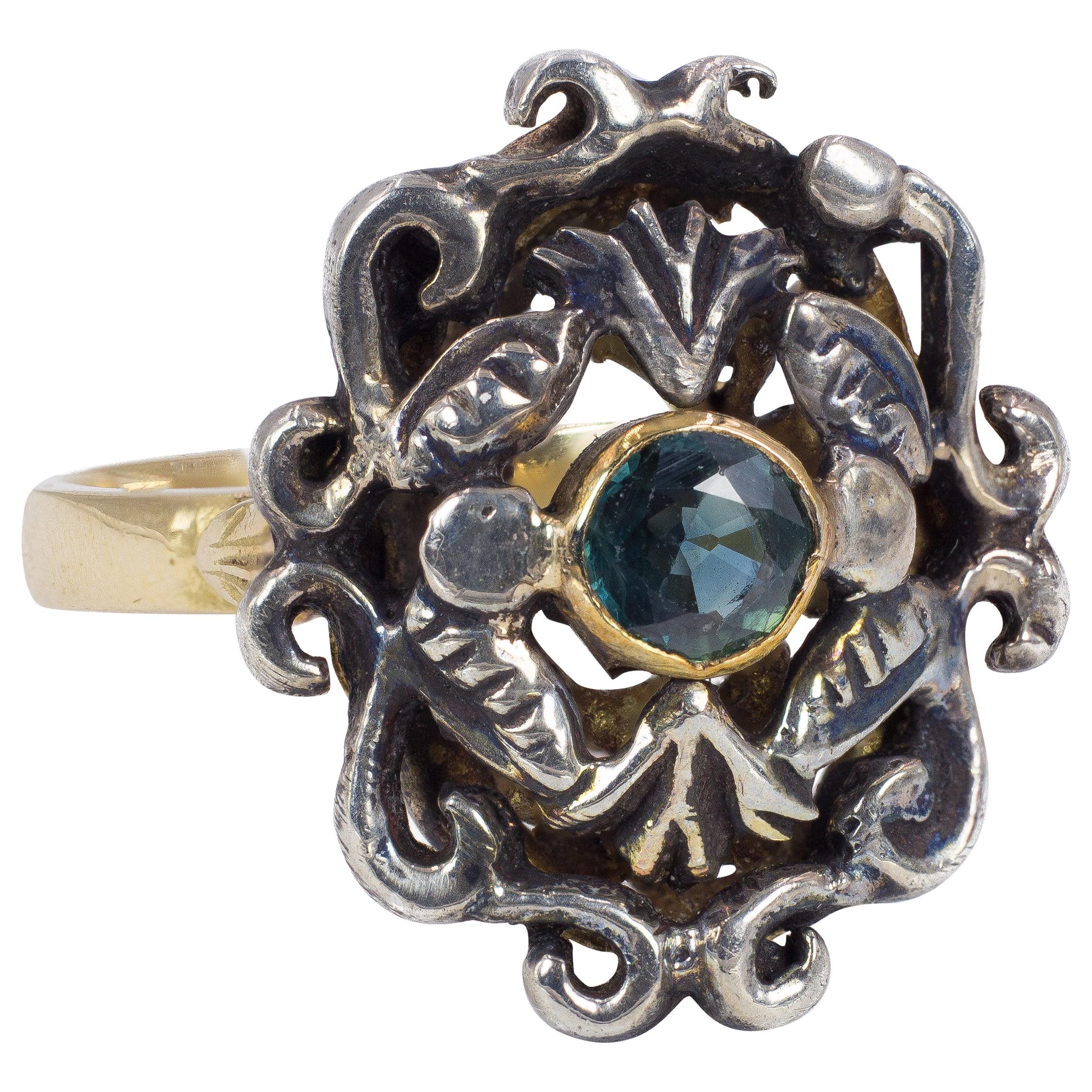 Antique 18 Karat Gold, Silver and Topaz Ring, 1940s For Sale