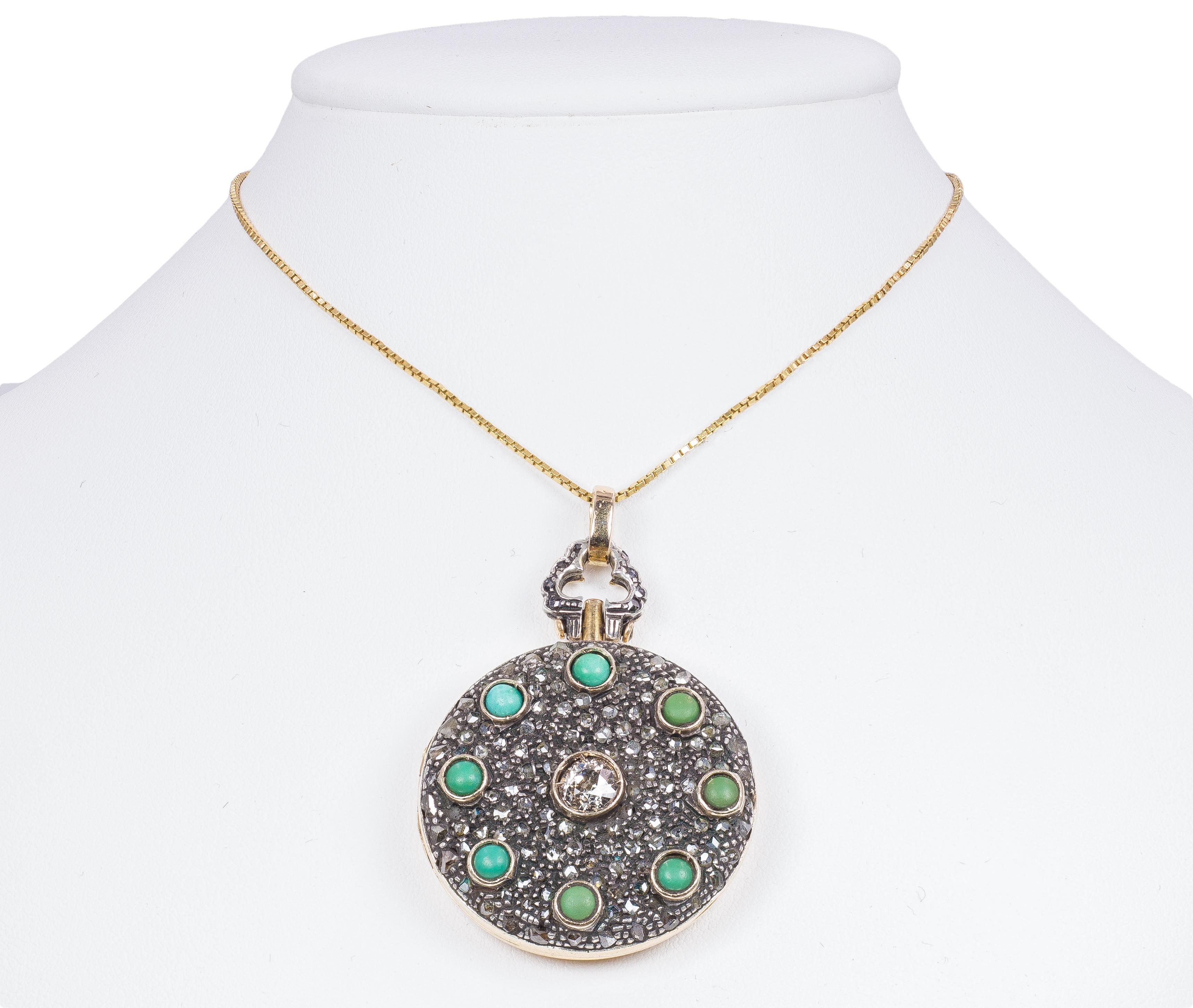 Antique 18 Karat Gold, Silver, Diamond and Turquoise Locket, 1940s For Sale 2