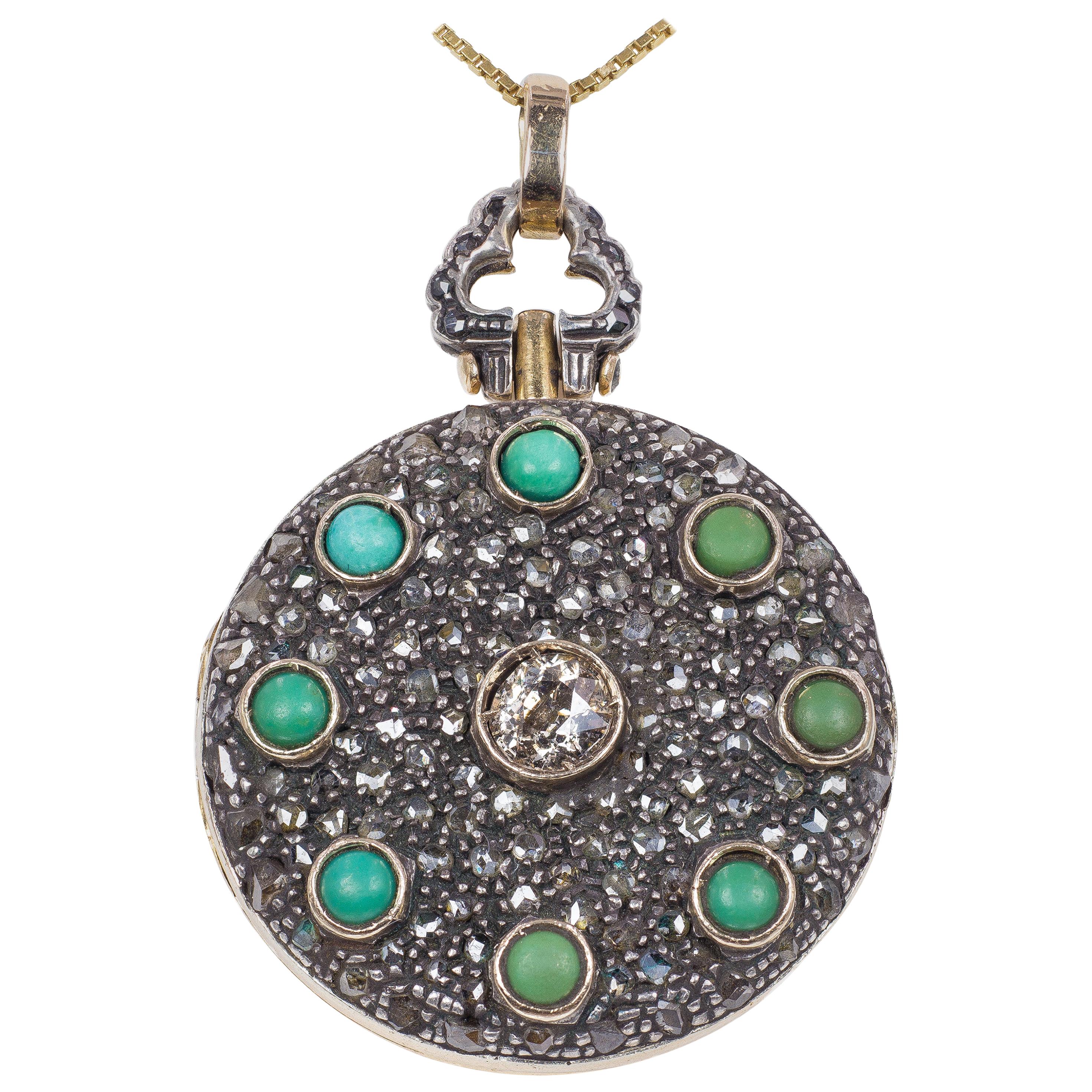 Antique 18 Karat Gold, Silver, Diamond and Turquoise Locket, 1940s For Sale
