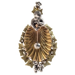 Antique 18 Karat Gold Silver Glassblower Ivy Bubbles Scallop Locket Pendant