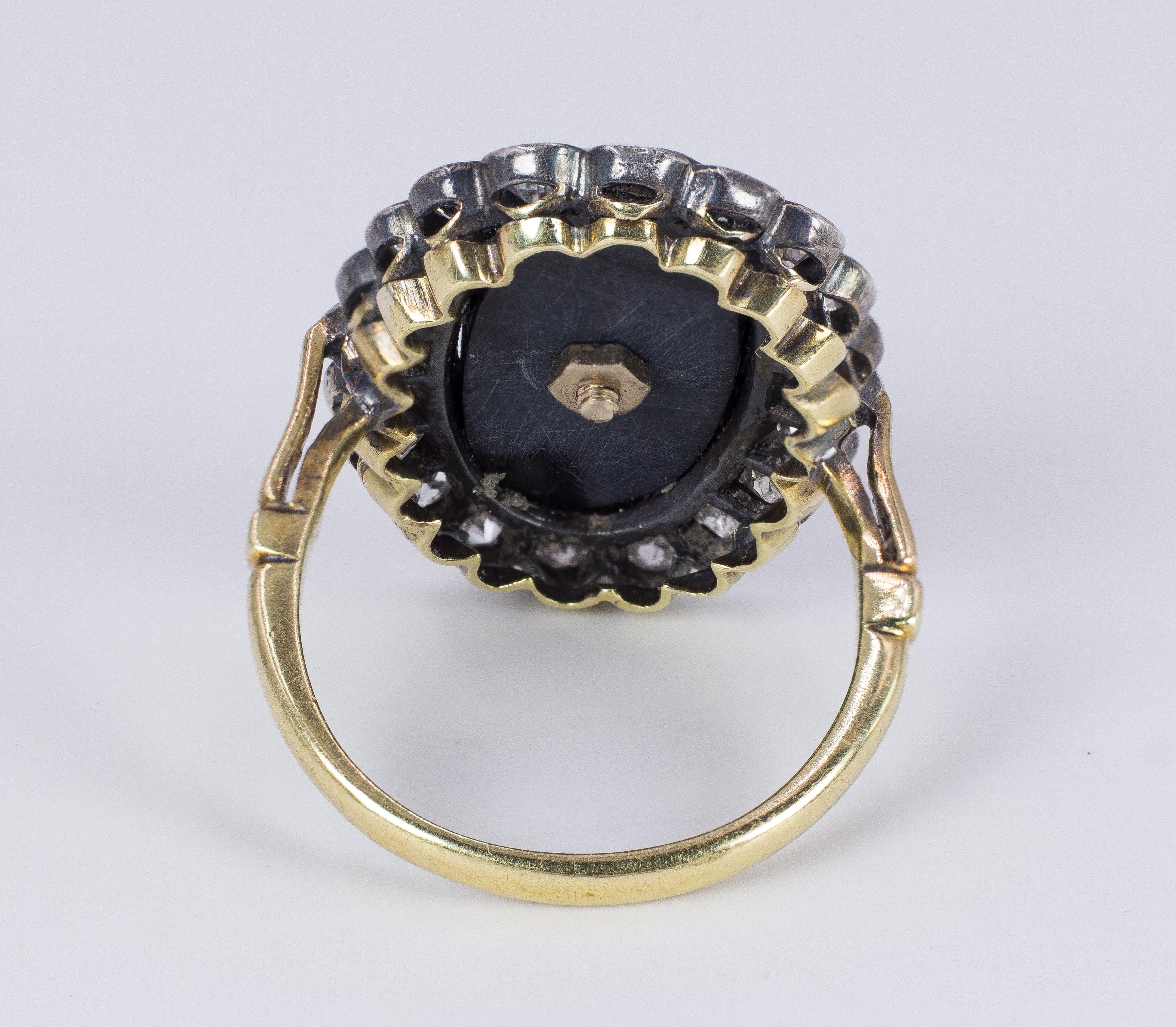 Rose Cut 18 Karat Gold, Silver, Onyx and 0.65 Carat Diamond Ring, Early 20th Century For Sale