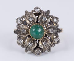 Antique 18 Karat Gold, Silver, Rose Cut Diamond and Green Stone Ring, 1940s