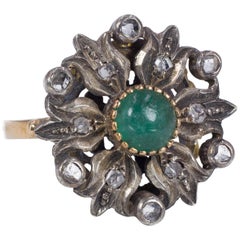 Antique 18 Karat Gold, Silver, Rose Cut Diamond and Green Stone Ring, 1940s